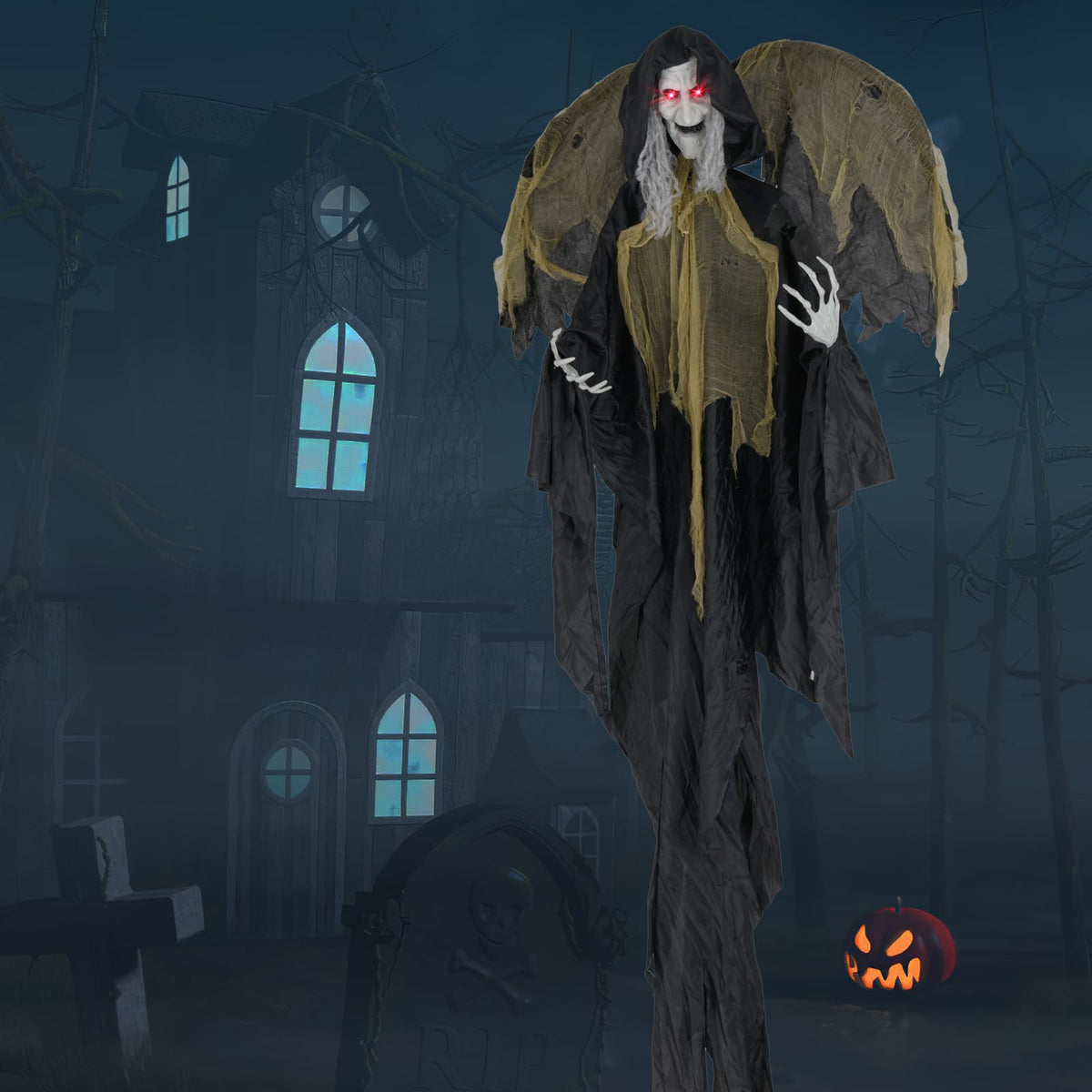 Lucktree 8.2 FT Halloween Standing Witch, Poseable Halloween Animatronic Prop with Light up Eyes