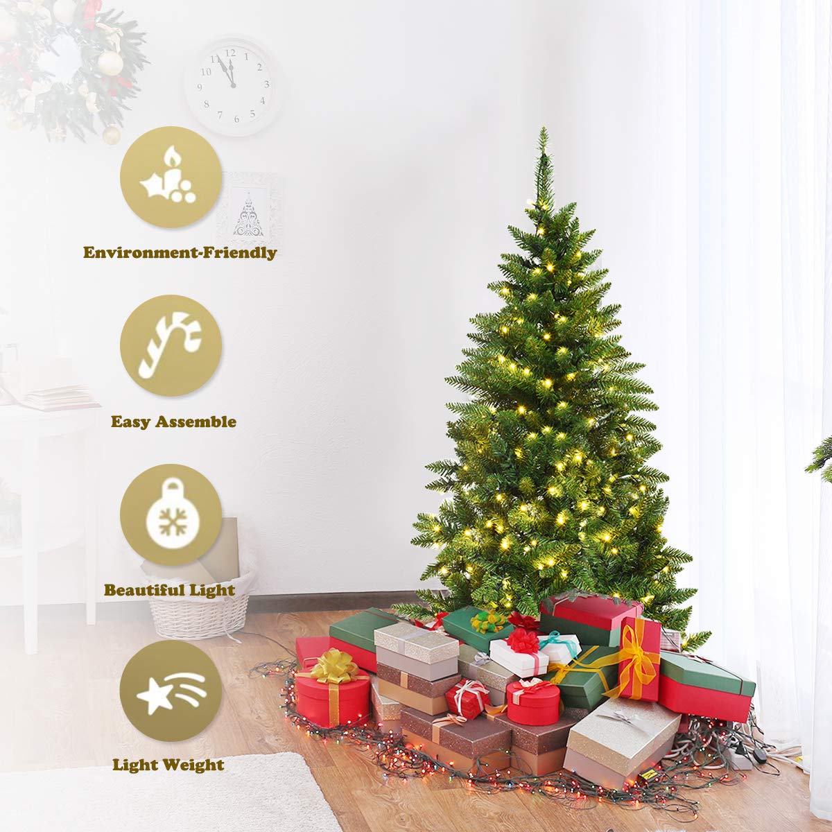 5ft/6ft Prelit Half-Shape Christmas Tree, Premium PVC Needles Artificial Tree - LucktreeUS