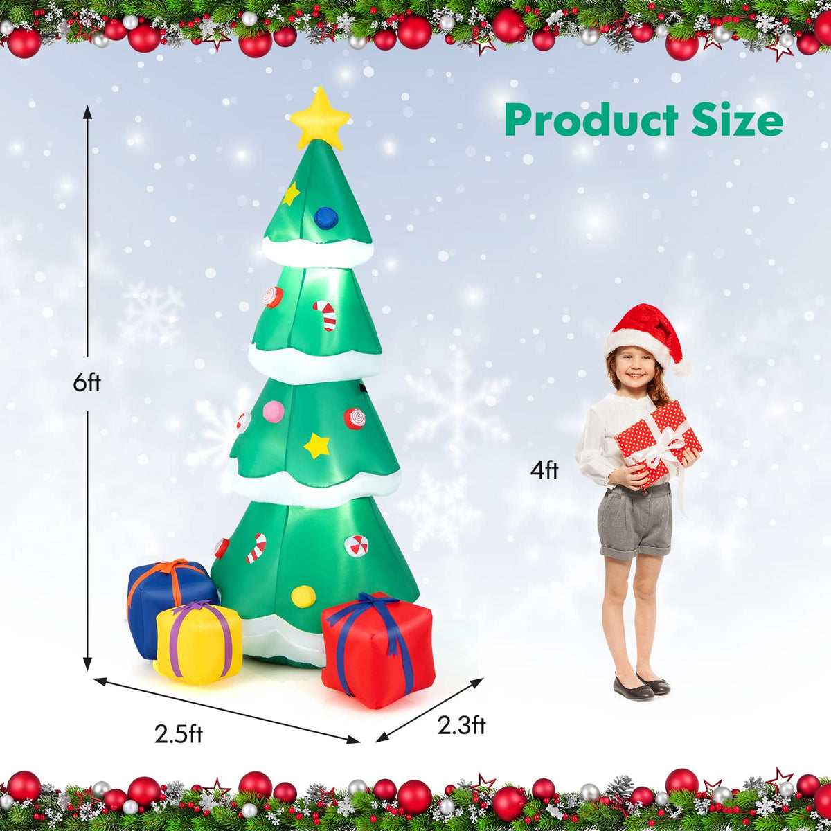 Lucktree 6 FT Inflatable Christmas Tree, Blow up Christmas Tree with 3 Gift Boxes, Self Inflating X-mas Tree with LED Lights