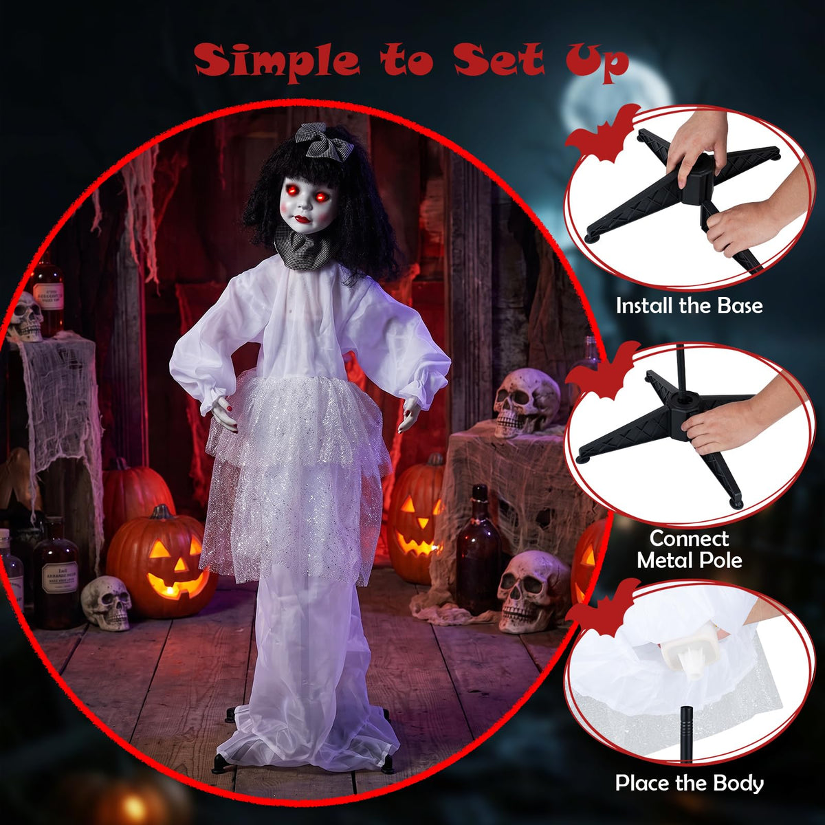 Lucktree 4 FT Animated Halloween Doll Girl with Shaking Head & Posable Arms