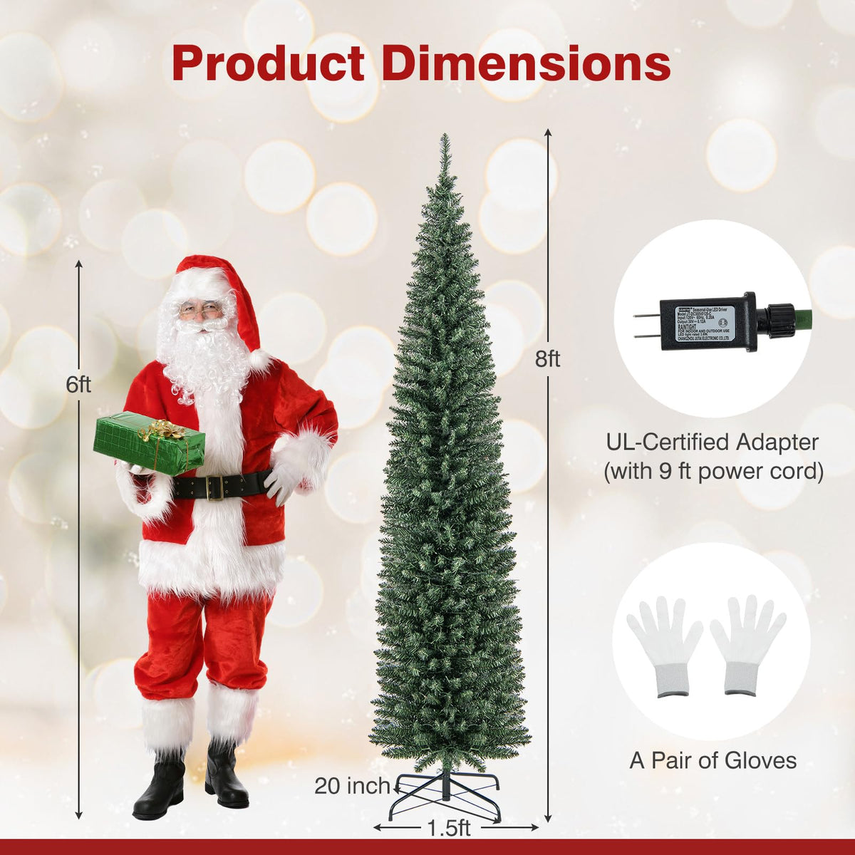 Lucktree 5ft Pre-Lit Pencil Christmas Tree, Artificial Slim Xmas Tree with 150 Warm-White LED Lights