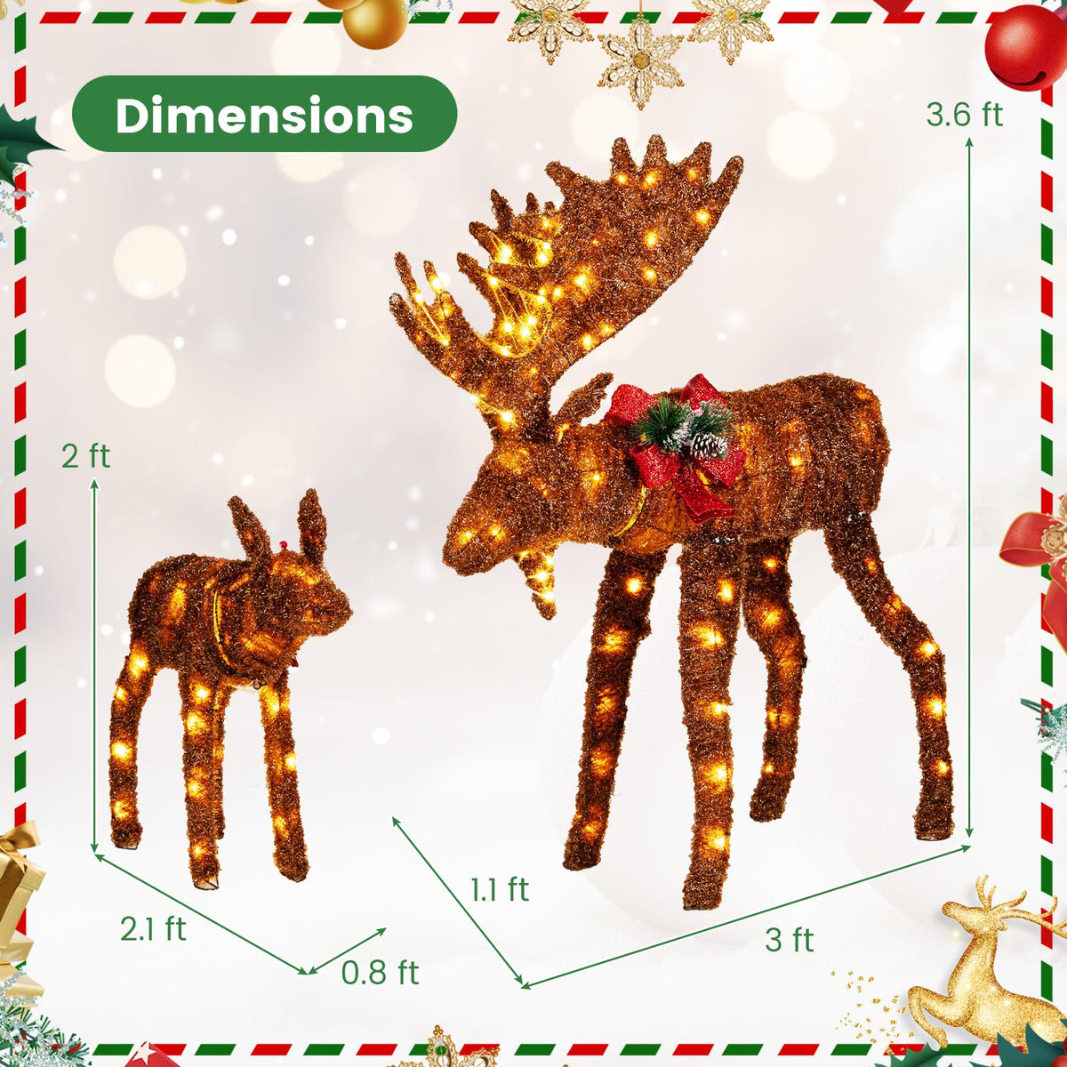 Lucktree 2 Pieces Lighted Christmas Moose Family, Light-up Xmas Deer Decorations with 170 LED Lights