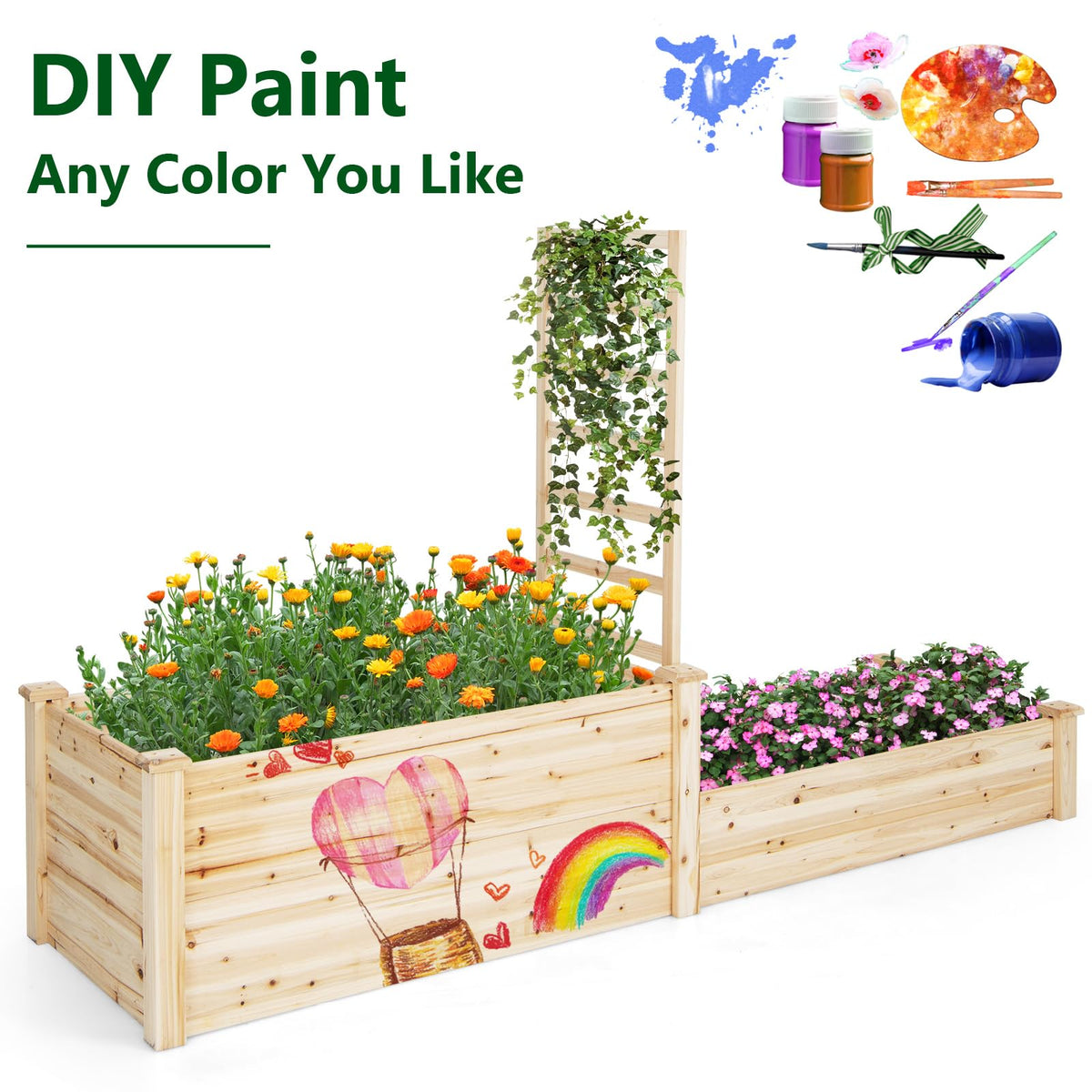 Lucktree Raised Garden Bed with Trellis, Set of 2 Wood Shallow & Deep Planter Box for Climbing Plants