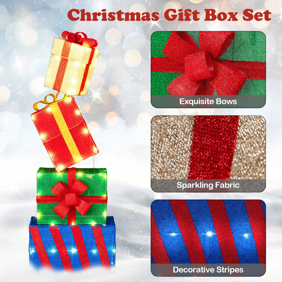 Lucktree Christmas Lighted Gift Boxes Set of 4 | Light Up Present Boxes with Colorful Bows