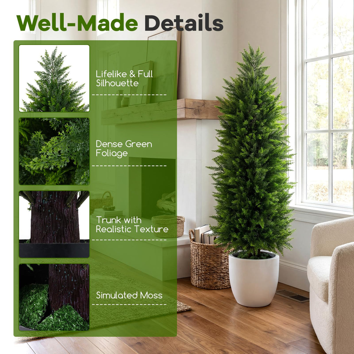 Lucktree 4 FT Artificial Faux Cedar Cypress Plants in Cement-Filled Pots Set of 2