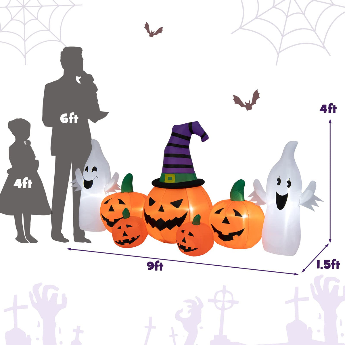 Lucktree 9 FT Halloween Inflatable Pumpkin Ghost, Spooky Lighted Holiday Decoration w/ Witch's Hat,