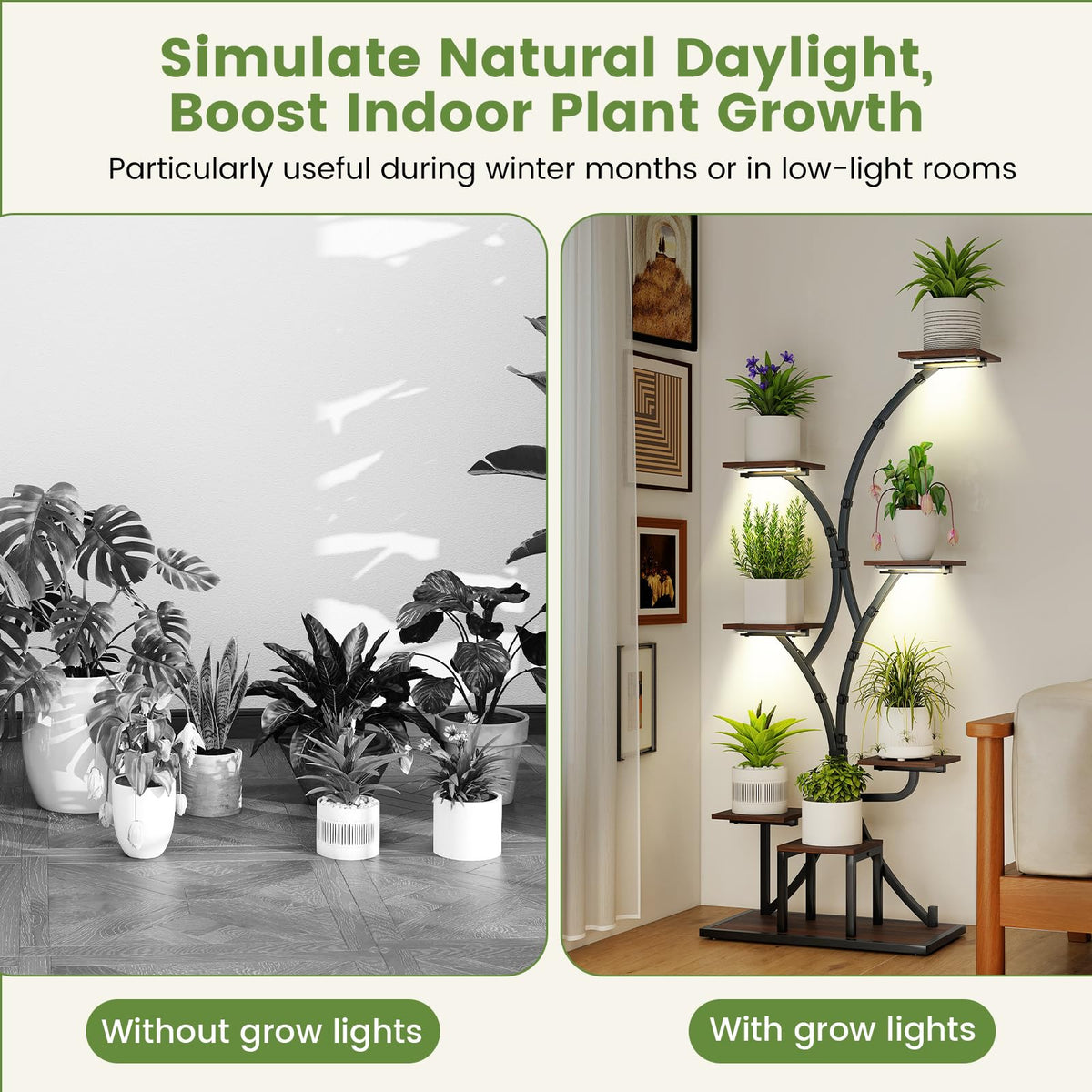 Lucktree Plant Stand Indoor with Grow Lights 8-Tier 58" Tall Corner Metal Plant Shelf