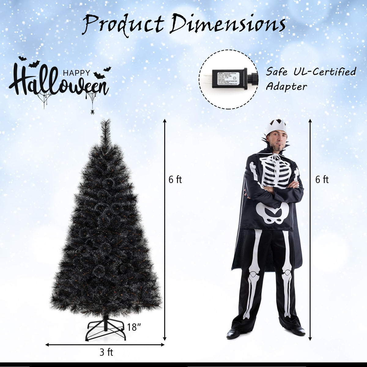Lucktree 6/7/8 ft Pre-Lit Black Halloween Christmas Tree, Artificial Hinged Xmas Full Tree with 362/572/860 Pine Needles & PVC Branch Tips