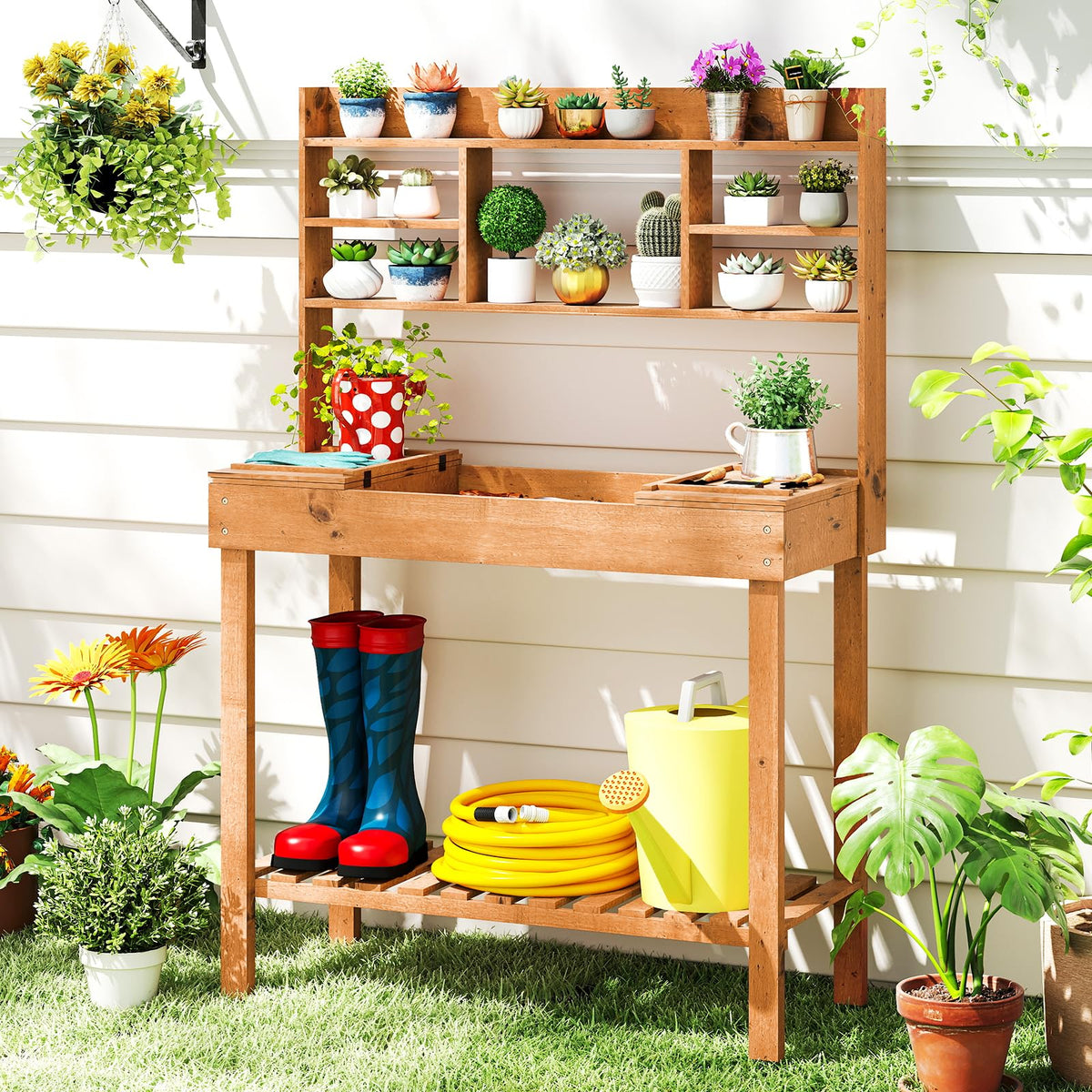 Lucktree Outside Solid Wood Potting Table with Flip-up Tabletop