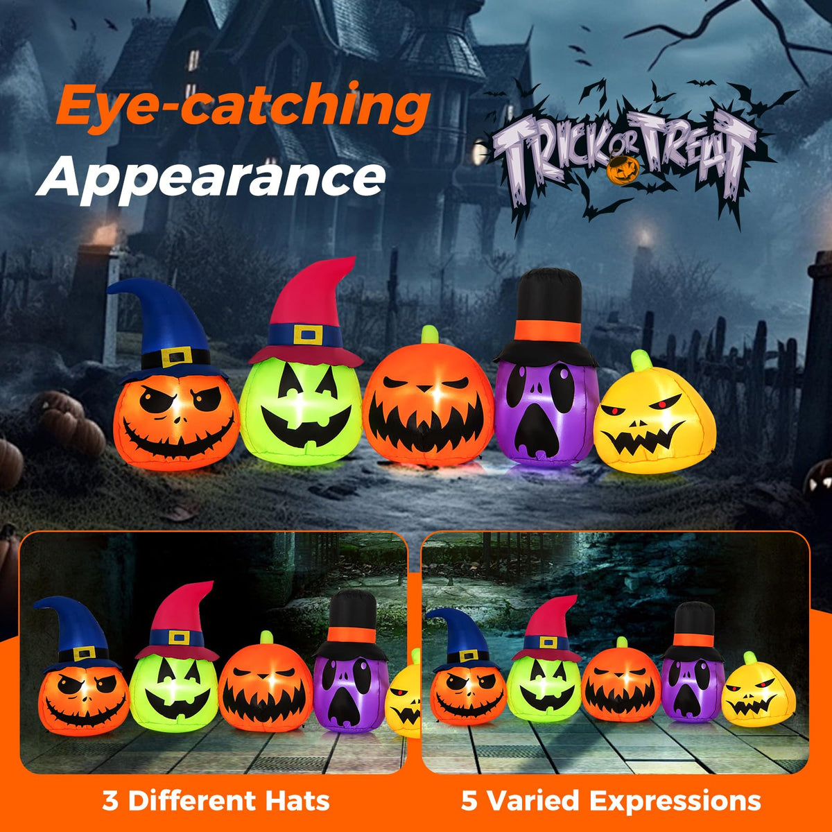 Lucktree 9 FT Inflatable Halloween Pumpkin Patch Family, Blow up Yard Decoration with Built-in LED Lights and Witch Hats