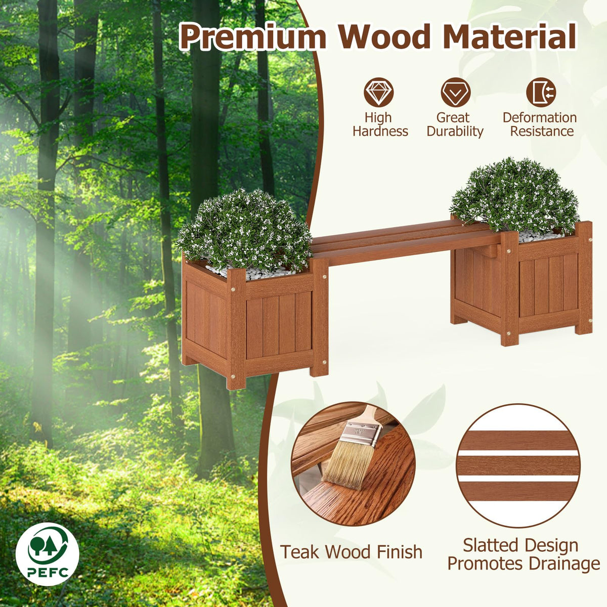 Lucktree 2-in-1 Outdoor Bench with 2/4 Planter Boxes Wood with Teak Oil Finish 42"x11"x11.5"