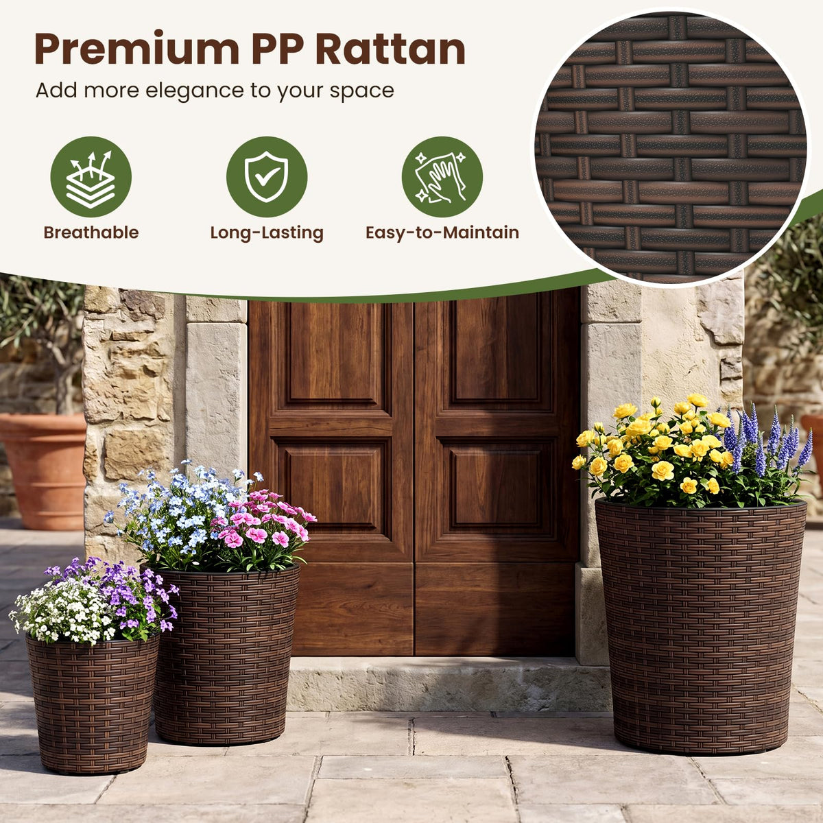 Lucktree Set of 3 Plastic Planters | 14 & 11 & 9 Inch Taper Rattan Planters with Drainage Holes and Saucers