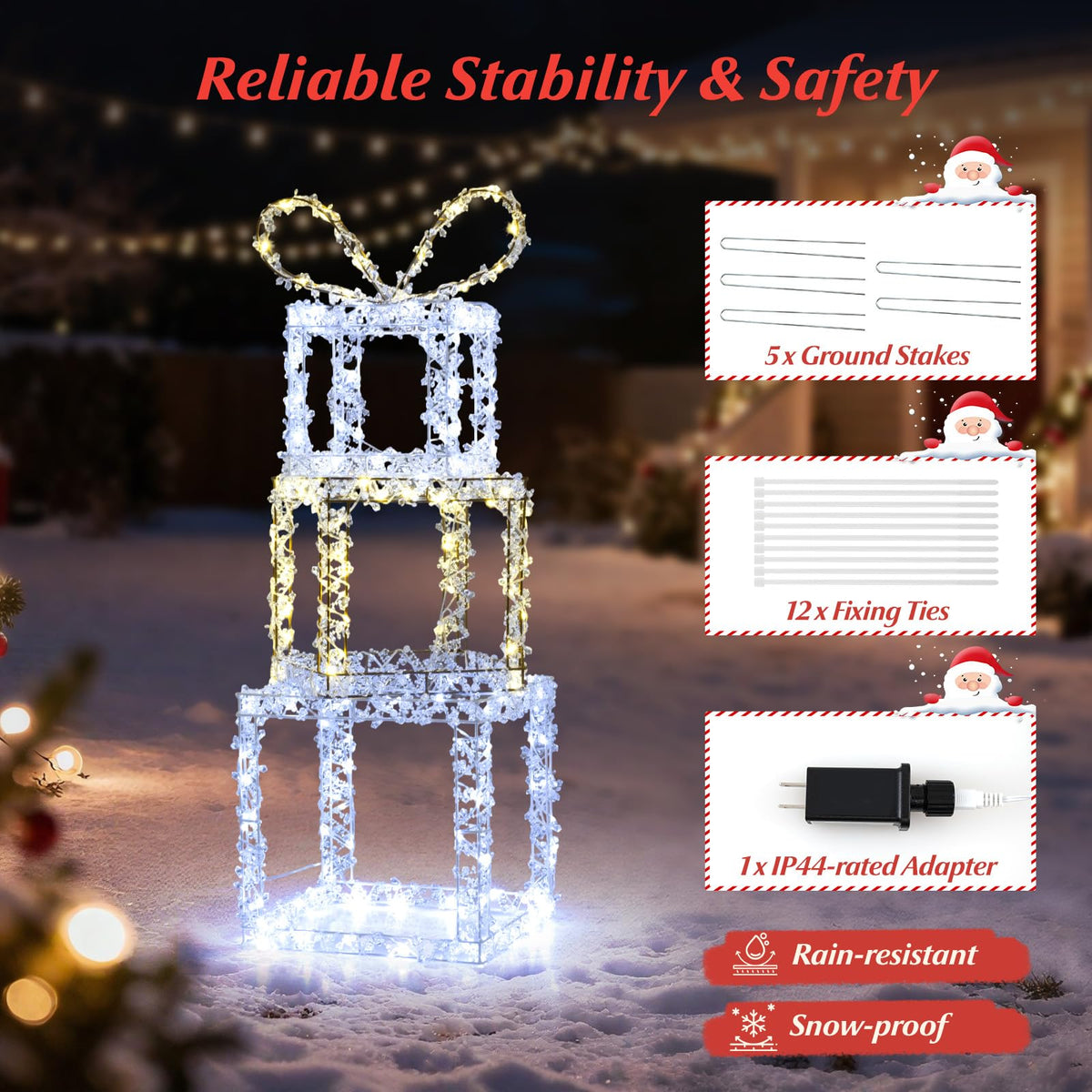 Lucktree Stacked Lighted Gift Boxes Set of 3 Pre-Lit Christmas Present Box Lights