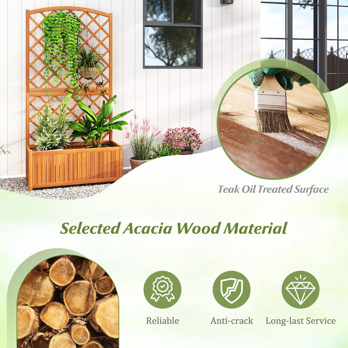 Lucktree Solid Acacia Wood Planter Box with Trellis 63" Raised Garden Bed with Trellis
