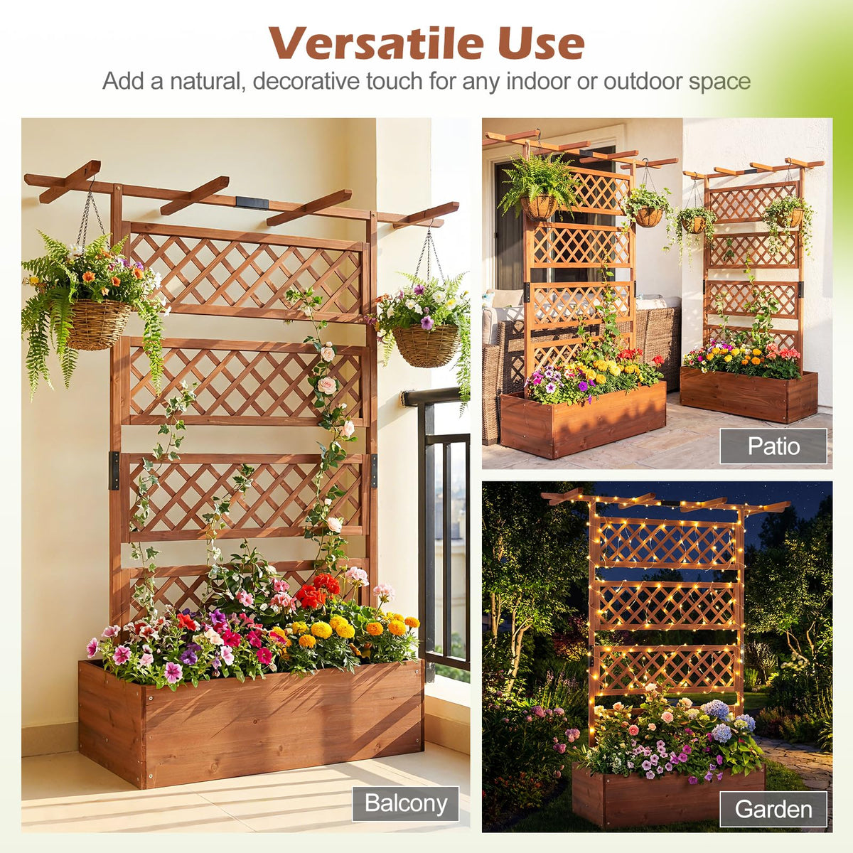 Lucktree 72" Wooden Raised Garden Bed with Trellis w/Privacy Screen Roof