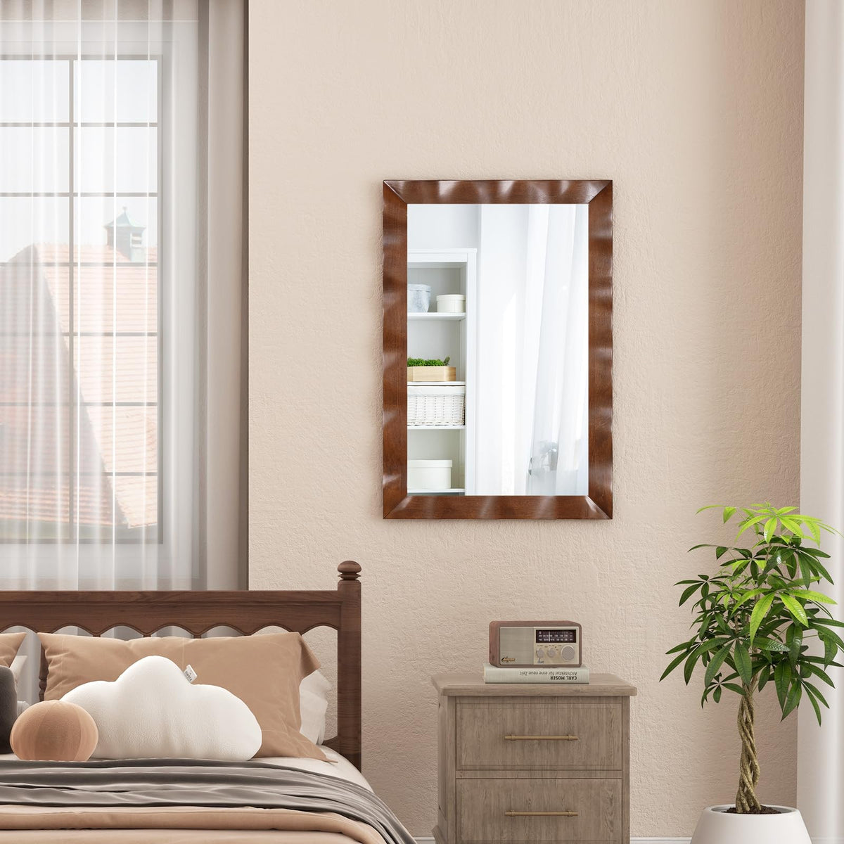 Lucktree 41.5" x 28" Farmhouse Wall Mirror, Rubber Wood Rustic Style Wall Mirror