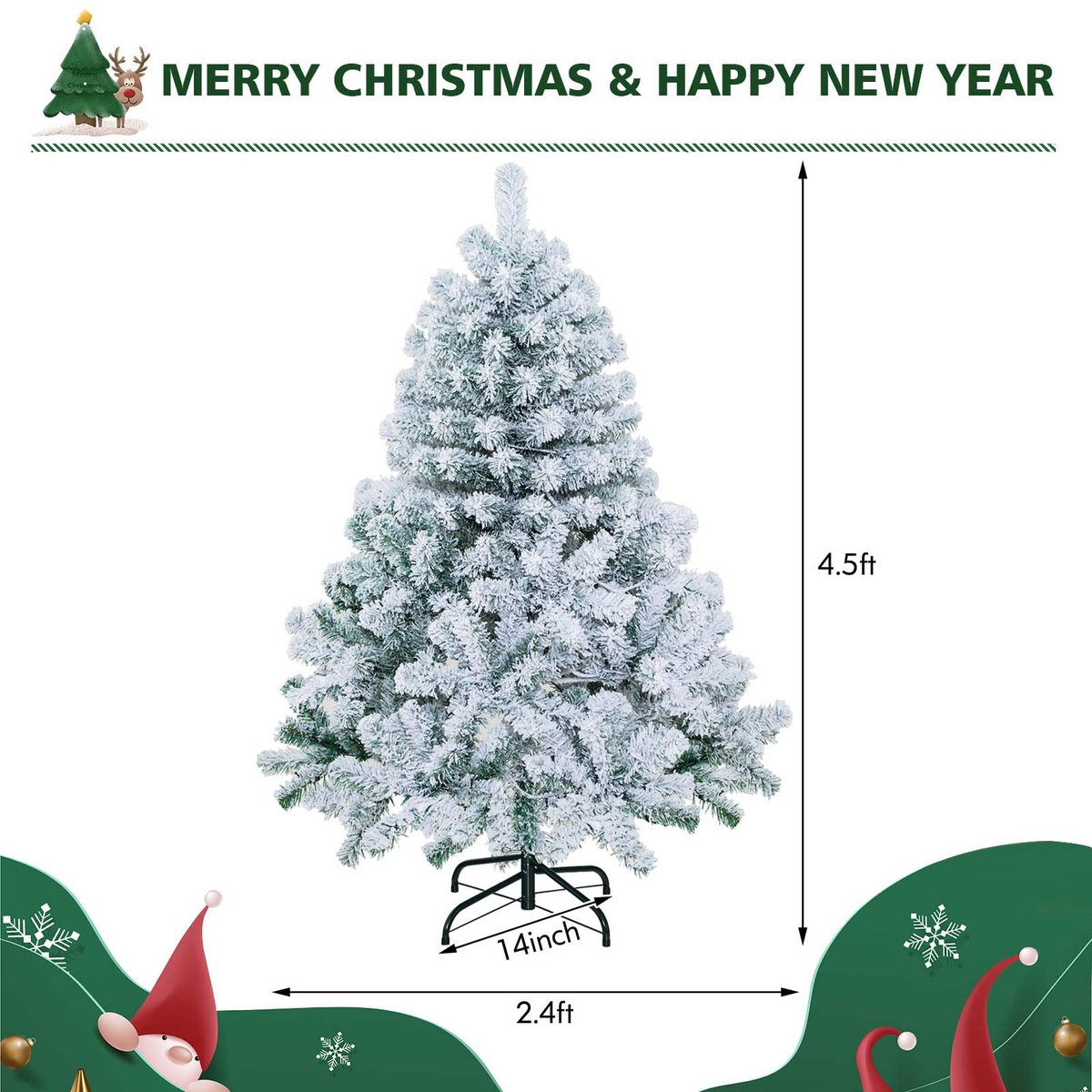 Lucktree 4.5 FT Pre-Lit Snow Flocked Christmas Tree, Artificial Hinged Xmas Tree W/ 150 LED Lights - LucktreeUS