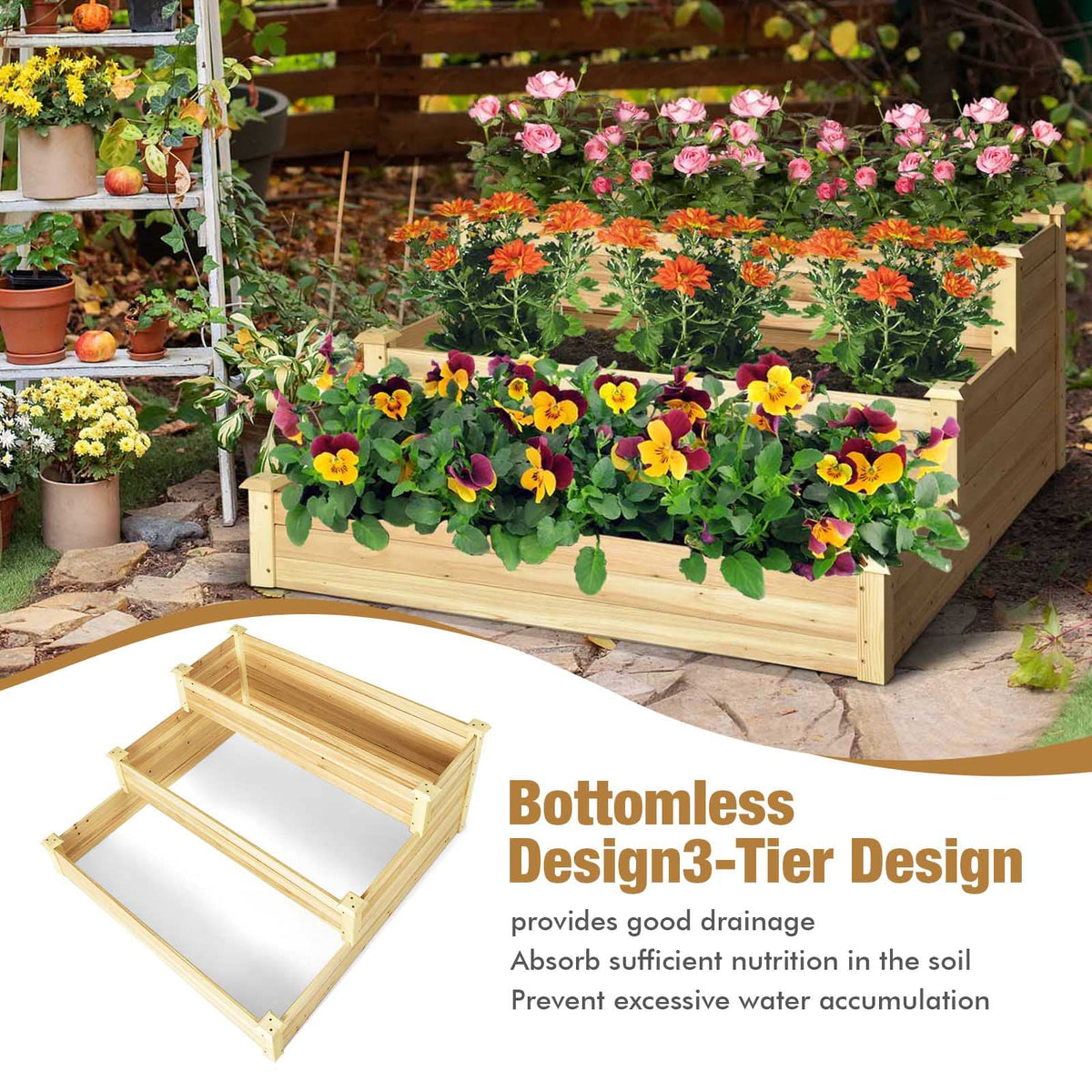 Lucktree 3 Tier Raised Garden Bed, Wood Planter Box 48 x 48 x 22 Inch Vegetable Flower Herb Fruit Growing Bed Kit