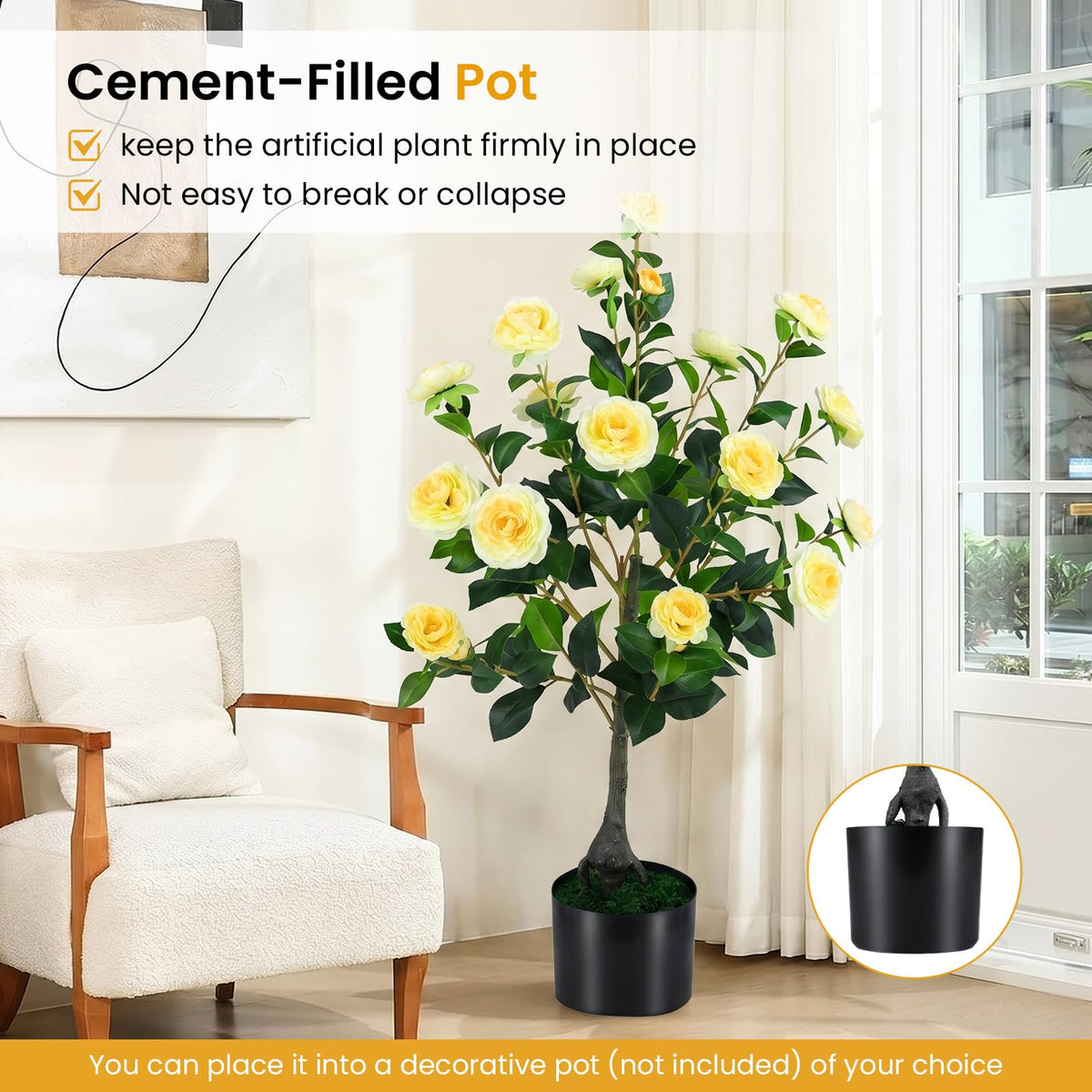 Lucktree 35.5" Artificial Camellia Tree Faux Floral Plant Blooming Tree in Cement Pot