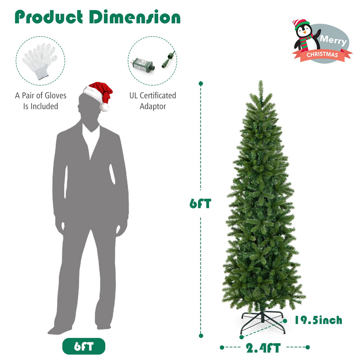Lucktree 6ft / 7ft Pre-Lit Pencil Christmas Tree, Hinged Artificial Slim Tree with 648 PVC PE Branch Tips - LucktreeUS