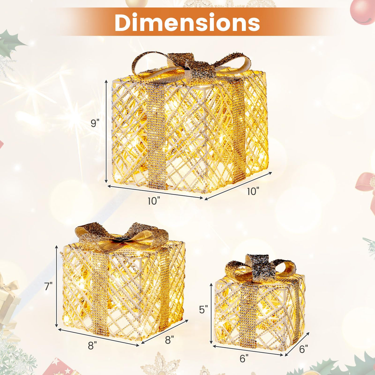 Lucktree Set of 3 Christmas Lighted Gift Boxes, 90 LED Light up Present Boxes with Bows