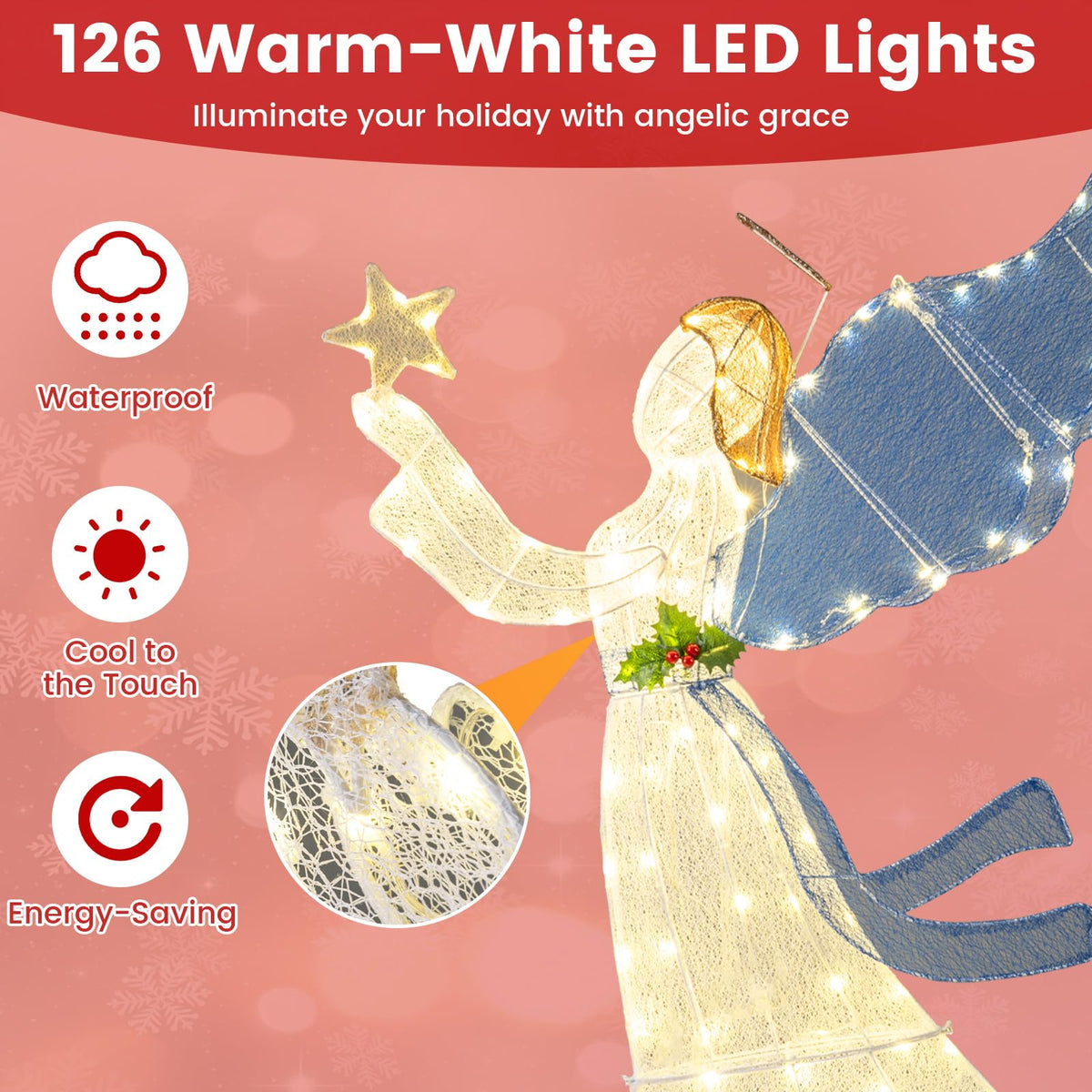 Lucktree 5 Ft Lighted Christmas Angel with Star Halo Spreading Wings