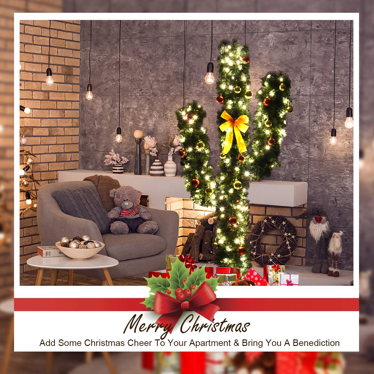 6ft Pre-Lit Artificial Cactus Christmas Tree with Sturdy Metal Stand, Artificial Xmas Tree with 90 LED Lights and Bowknot, Perfect for Home, Office, Shops and Hotels