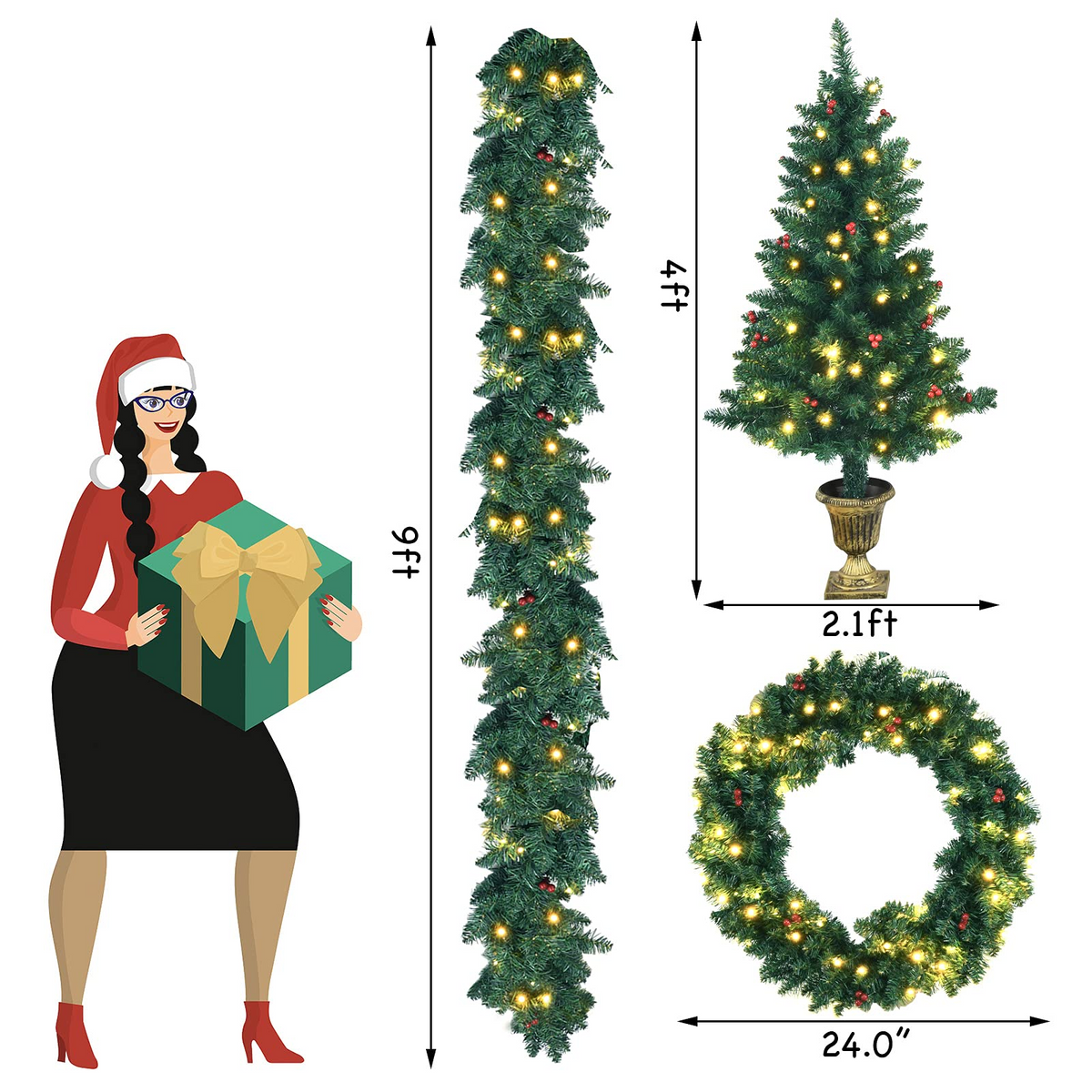 Lucktree Pre-lit Holiday Christmas 4-Piece Set, Christmas Garland - LucktreeUS
