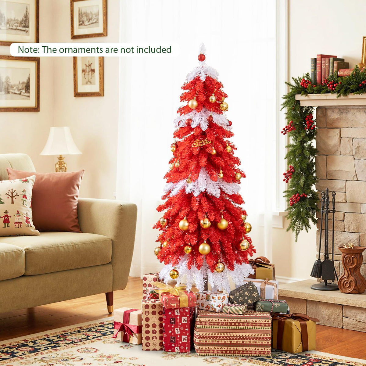 5 FT Artificial Christmas Tree Pre-lit Xmas Trees with 301 Red and White Branch Tips