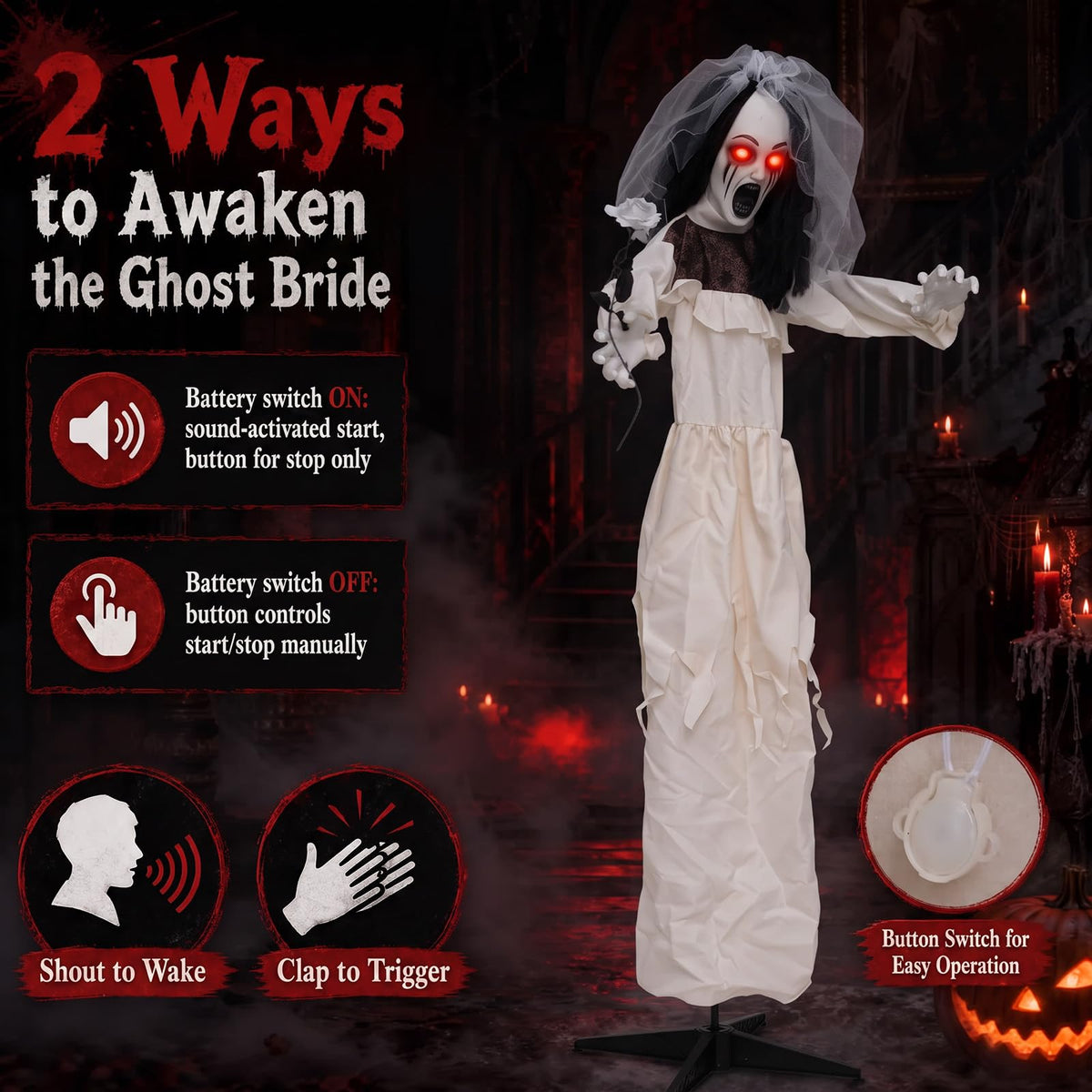 Lucktree 5.7 FT Halloween Standing Animatronics Ghost Bride with Flower