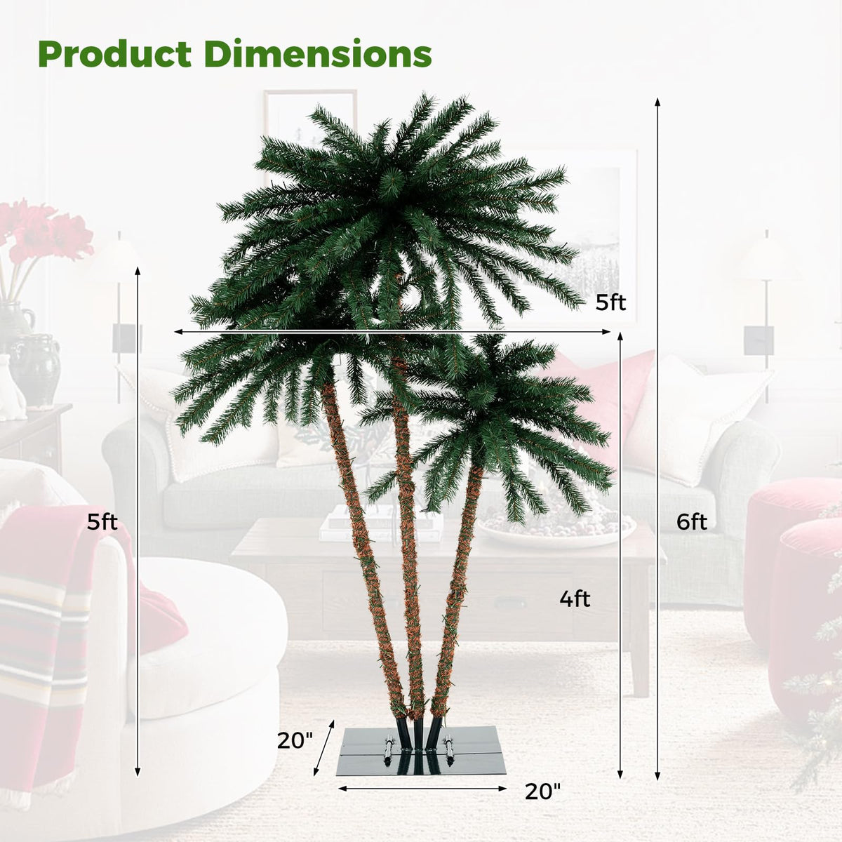 Lucktree Pre-Lit Artificial Christmas Tree, 4/5/6 FT Triple Coconut Plam Trees with Metal Base