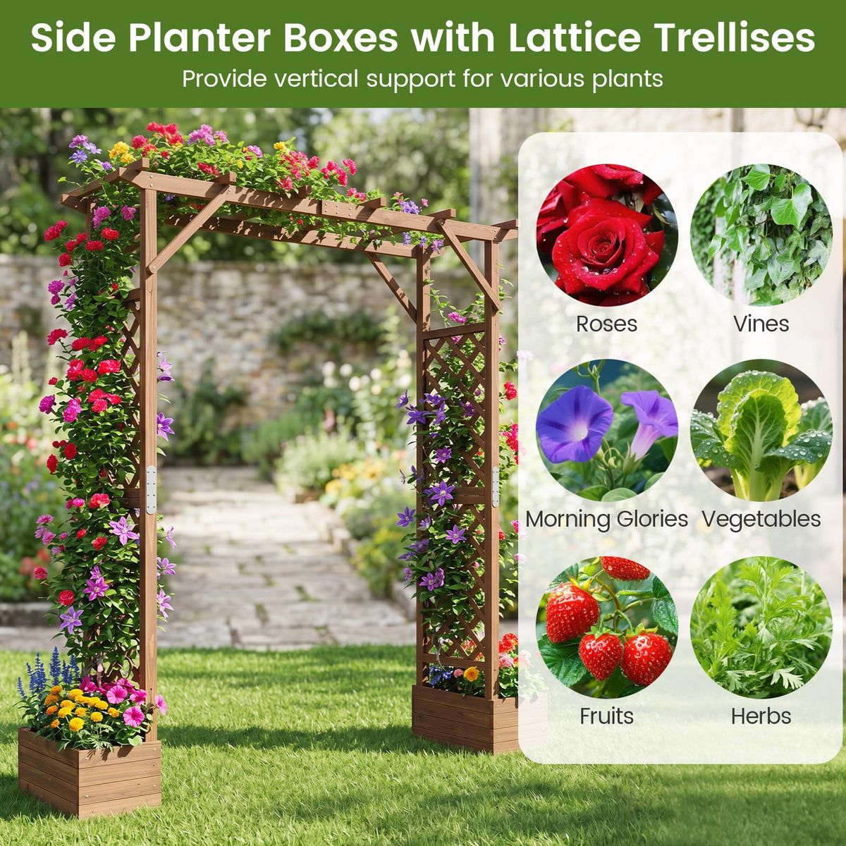 Lucktree 87in Tall Wooden Garden Arbor with Planter Boxes & Hanging Roof