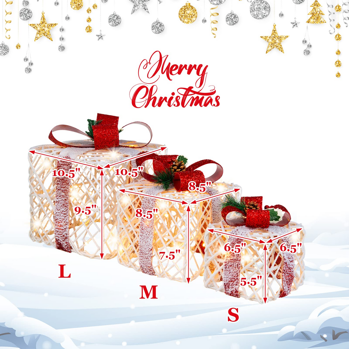 Lighted Gift Boxes Christmas Decoration, Set of 3 White Present Ornament Boxes with 60 LED Lights - LucktreeUS