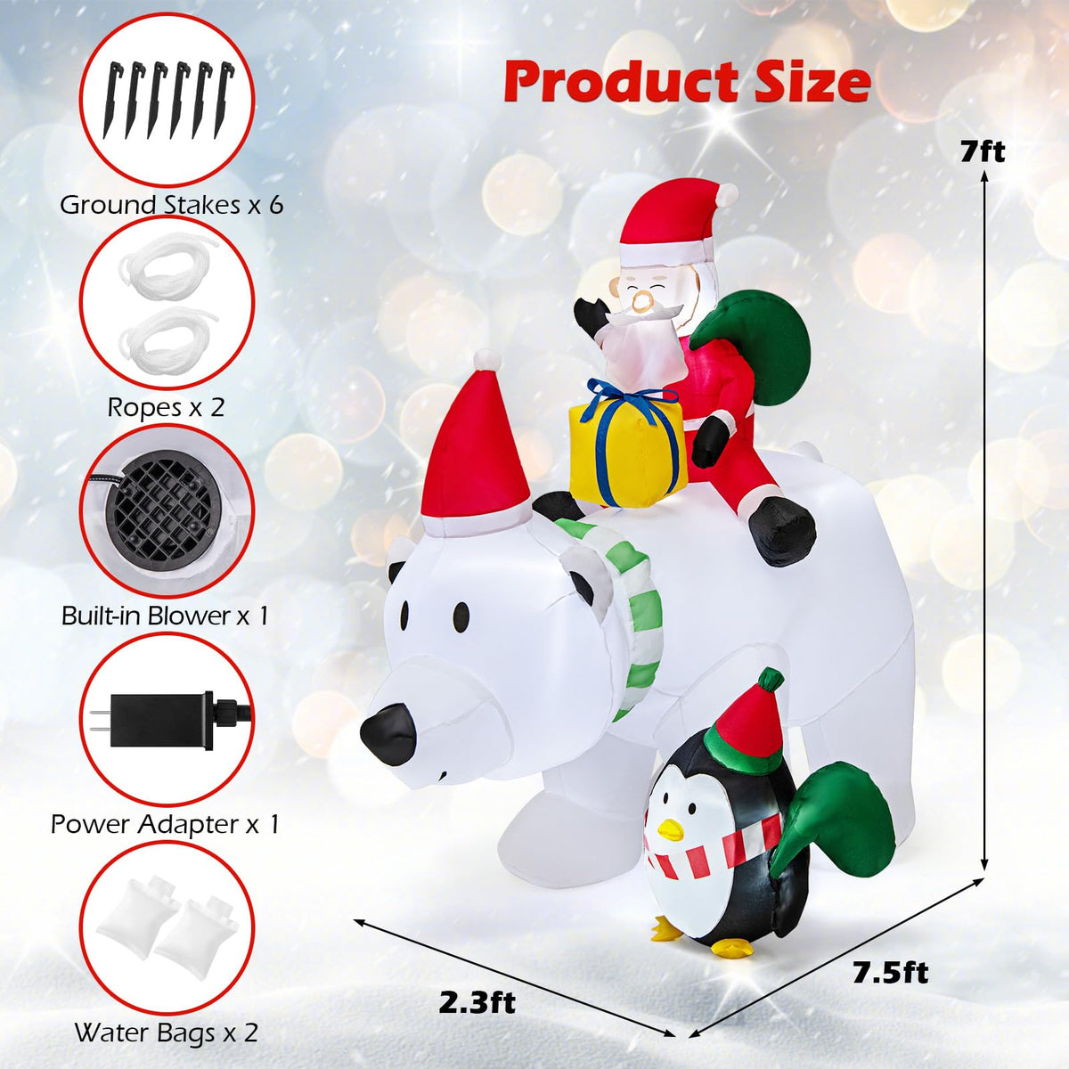 Lucktree 7FT Christmas Inflatables, LED Lighted Xmas Inflatable Polar Bear with Shaking Head, Santa & Penguin