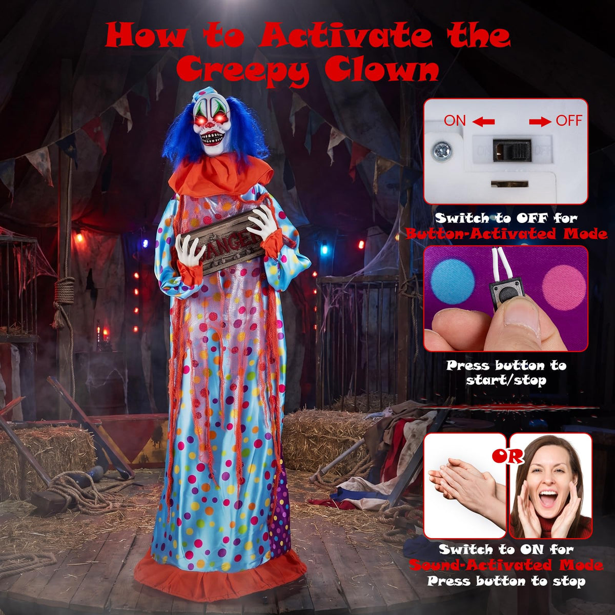 Lucktree 5.6 FT Halloween Animated Clown with Snap-up Head & Glowing Eyes