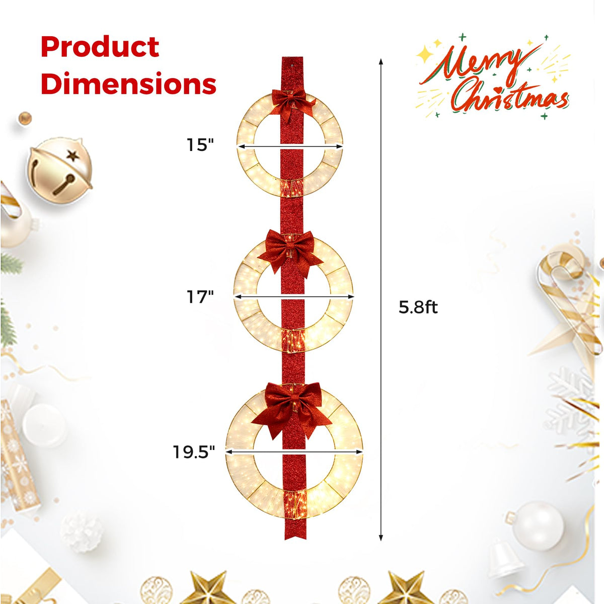 Lucktree Set of 3 Pre-Lit Wreaths, 5.8 FT Xmas Light-up Decorations on Red Ribbon with 450 LED Lights