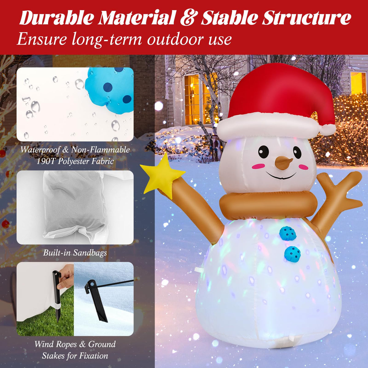 Lucktree 4 FT Lighted Christmas Inflatable Snowman with 360° Rotating Colorful LED Light
