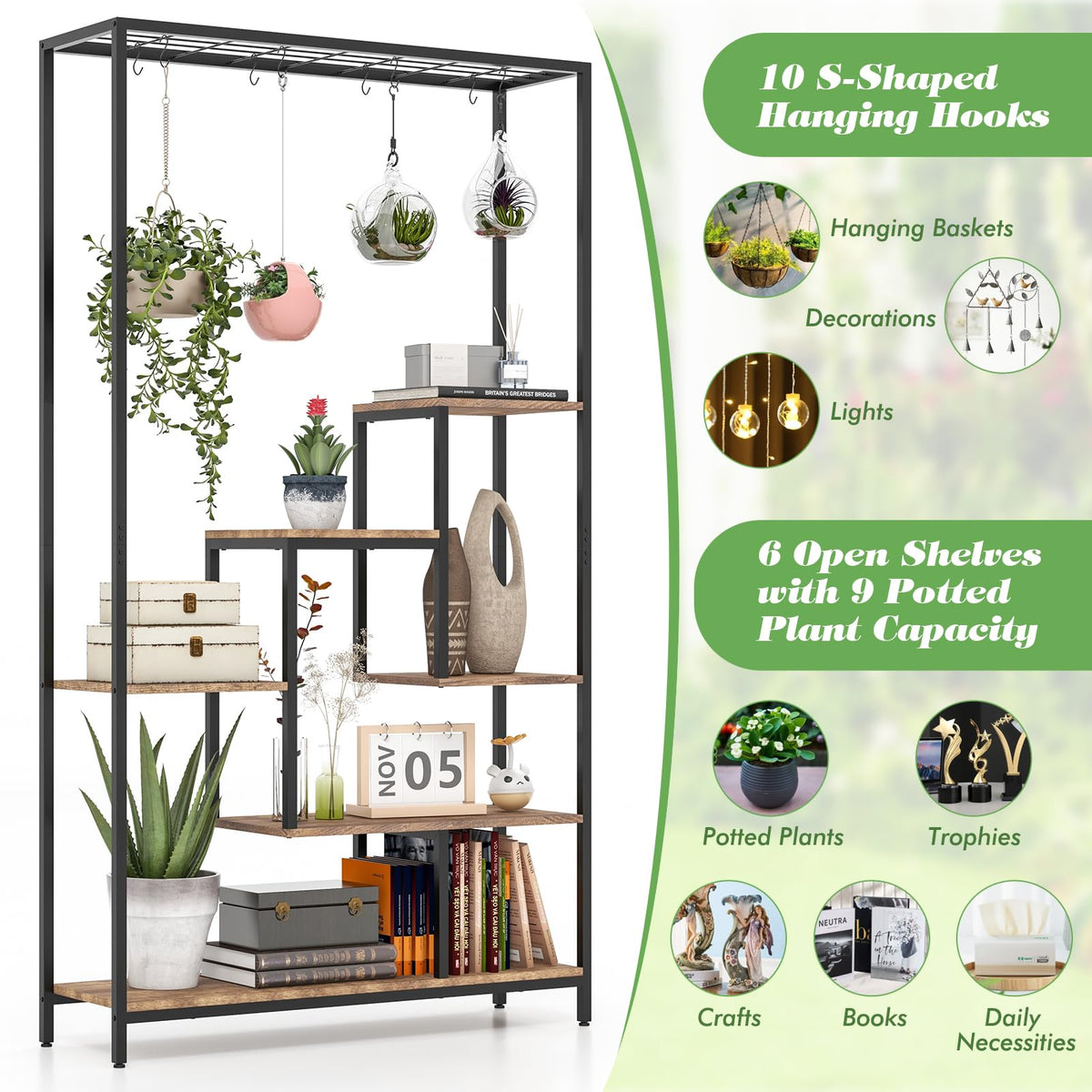 Lucktree 71" Tall Plant Stand Indoor, 6-Tier Metal Plant Shelf with 10 Hanging Hooks