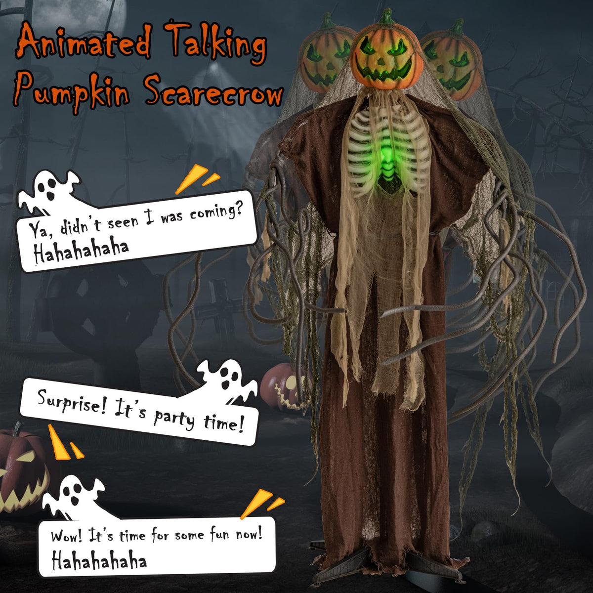 Lucktree 6 FT Halloween Light Up Talking Ghost Pumpkin with Glowing Ribs and Moving Head