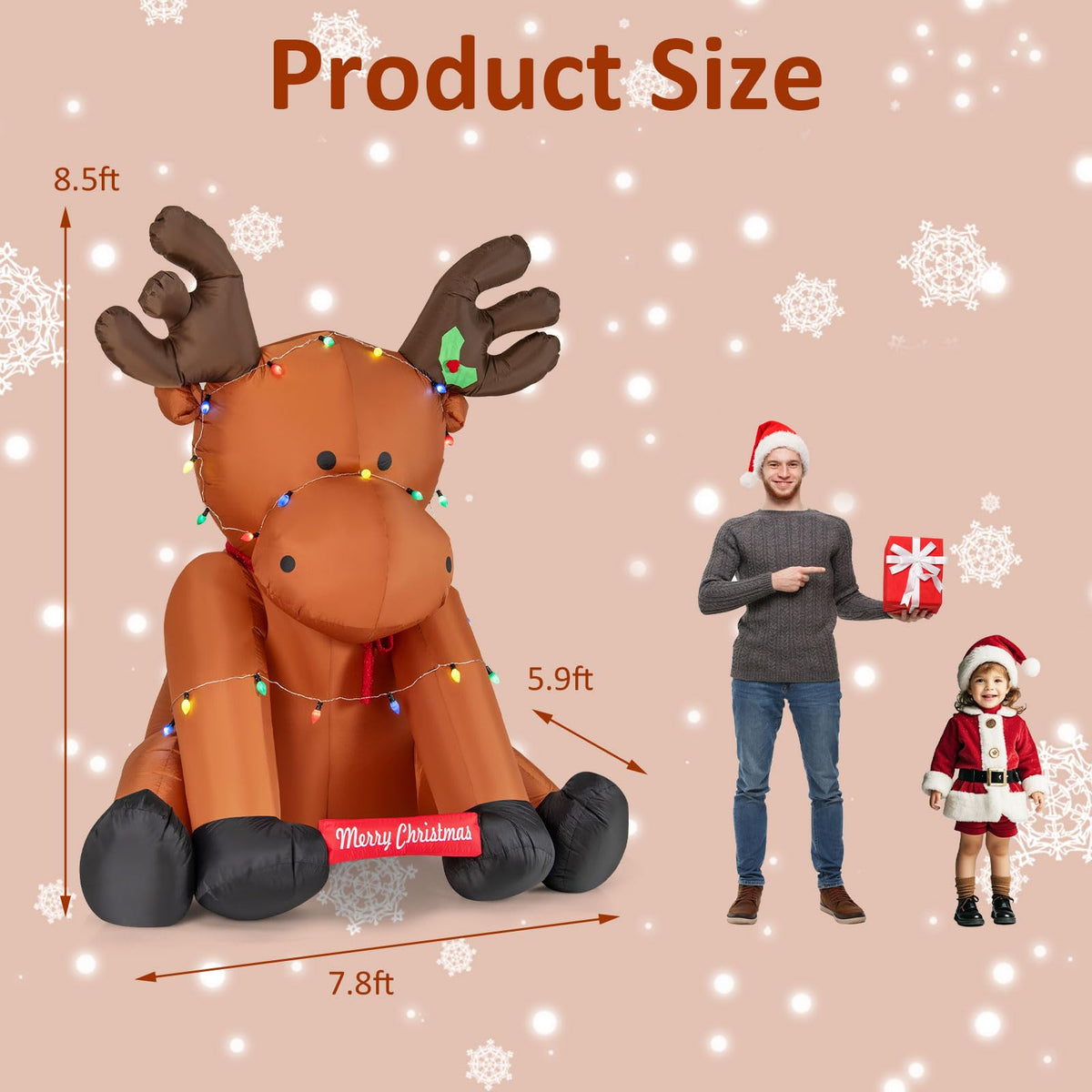 Lucktree 8.5 FT Tall Multi-Color Lighted Xmas Inflatable Reindeer Sitting on The Ground
