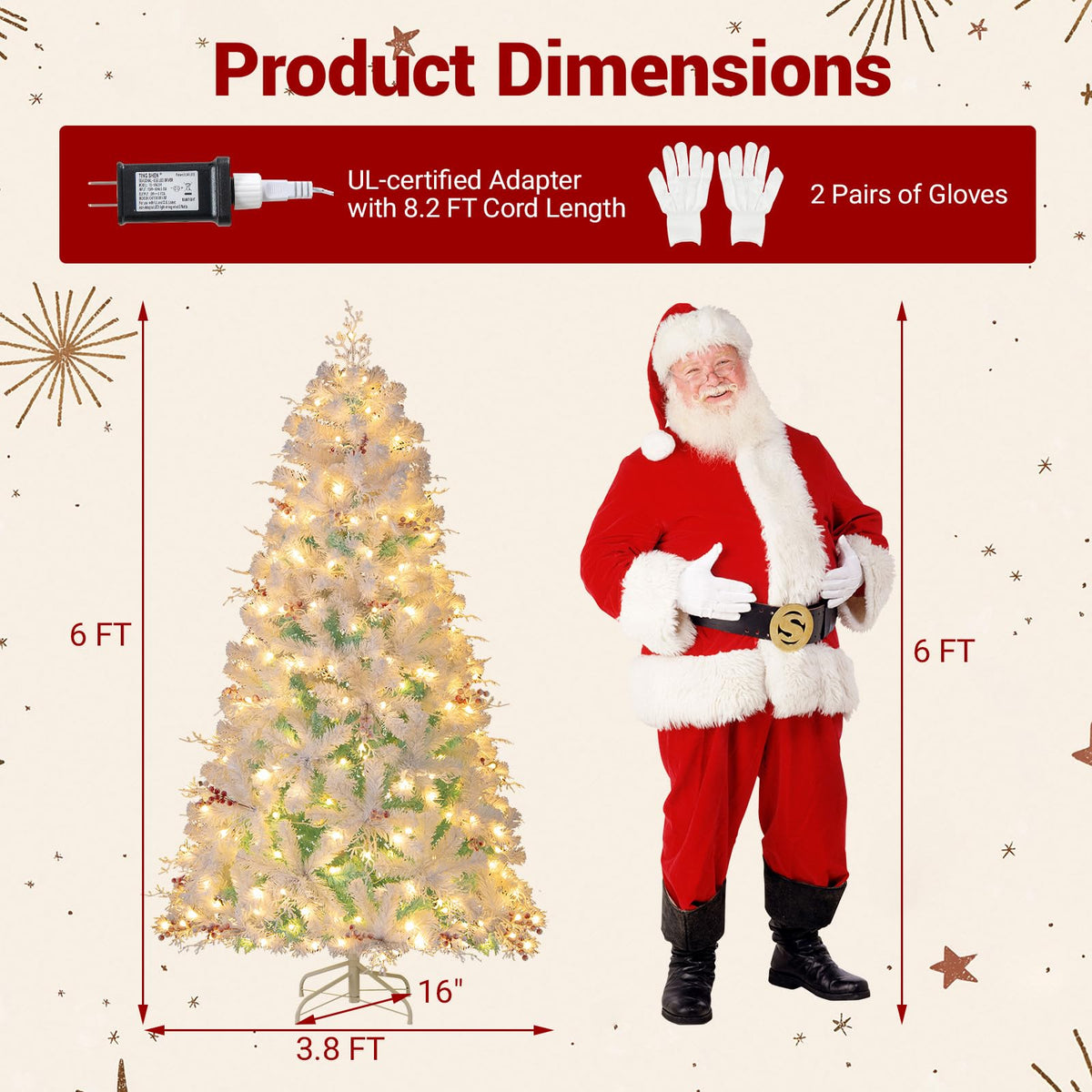 Lucktree 6FT / 7FT Hinged Lighted Xmas Tree with Snow Flocked Branch Tips & LED Lights