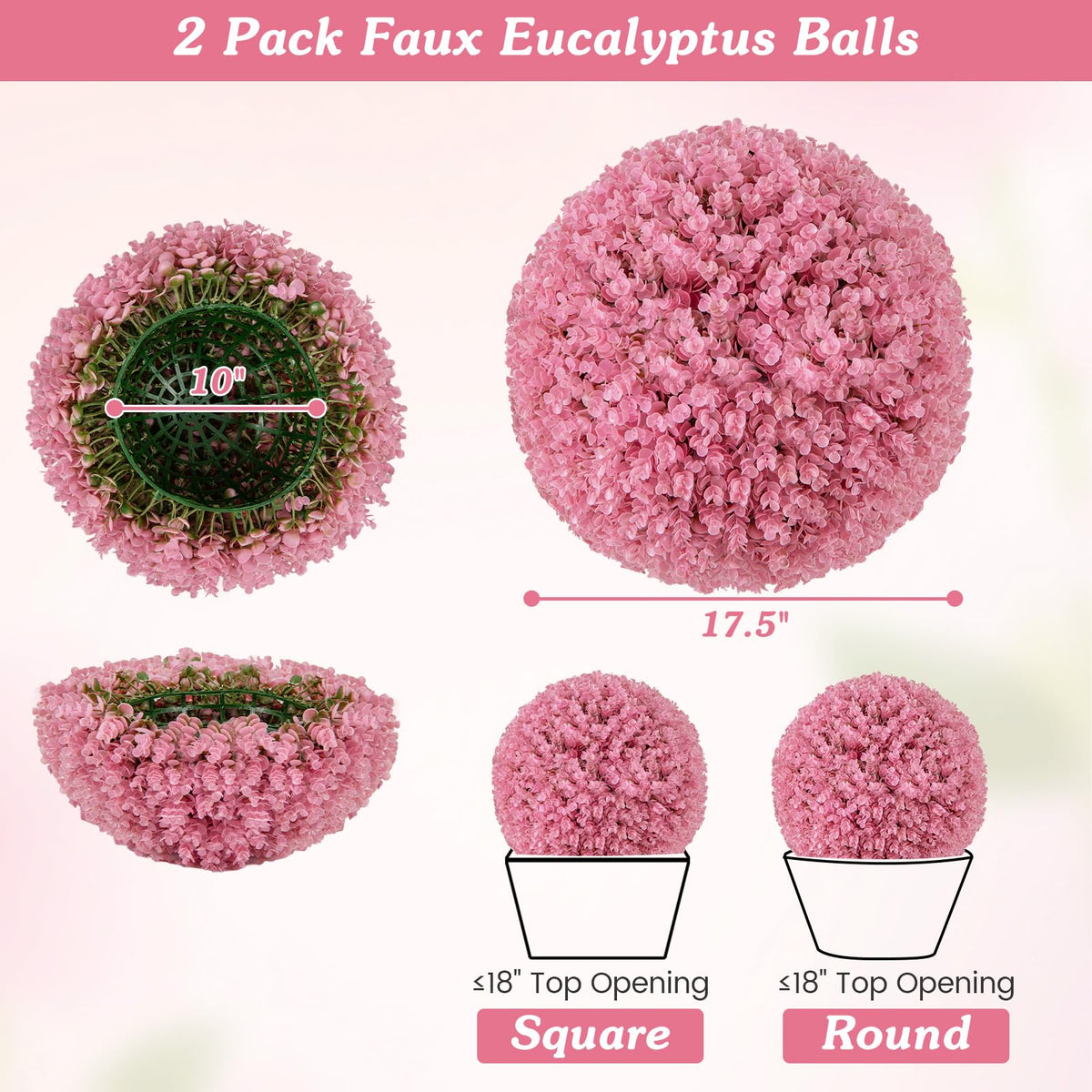 Lucktree 17.5 Inch Topiary Balls Artificial Outdoor Set of 2, Faux Pink Eucalyptus Decorative Balls