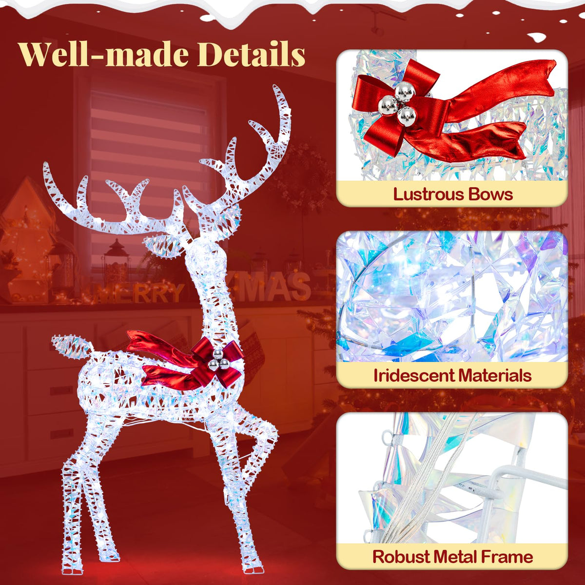 Lucktree 3-Piece Christmas Lighted Iridescent Reindeer Family Set with 215 Cold White LED Lights and Ground Stakes