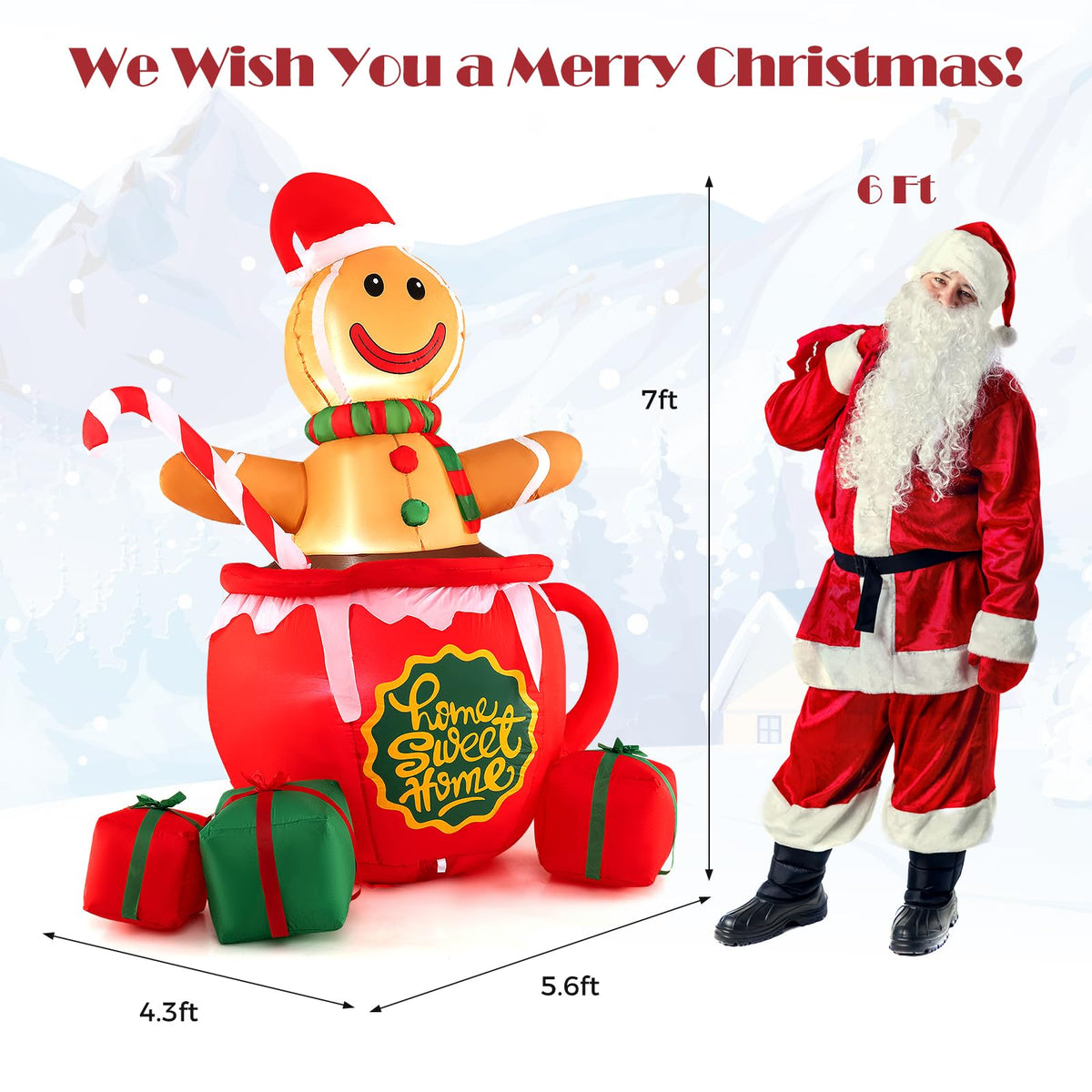 Lucktree 7 Ft Christmas Inflatable, Blow up Pre-Lit Gingerbread Man in Mug with Gift Boxes & Candy Cane