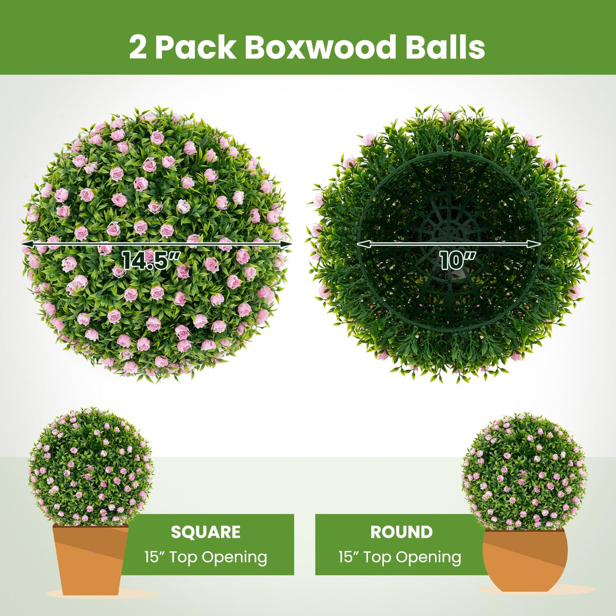 Lucktree 17.5 Inch Topiary Balls Artificial Outdoor Set of 2, Faux Greenery Balls with Pink Flowers