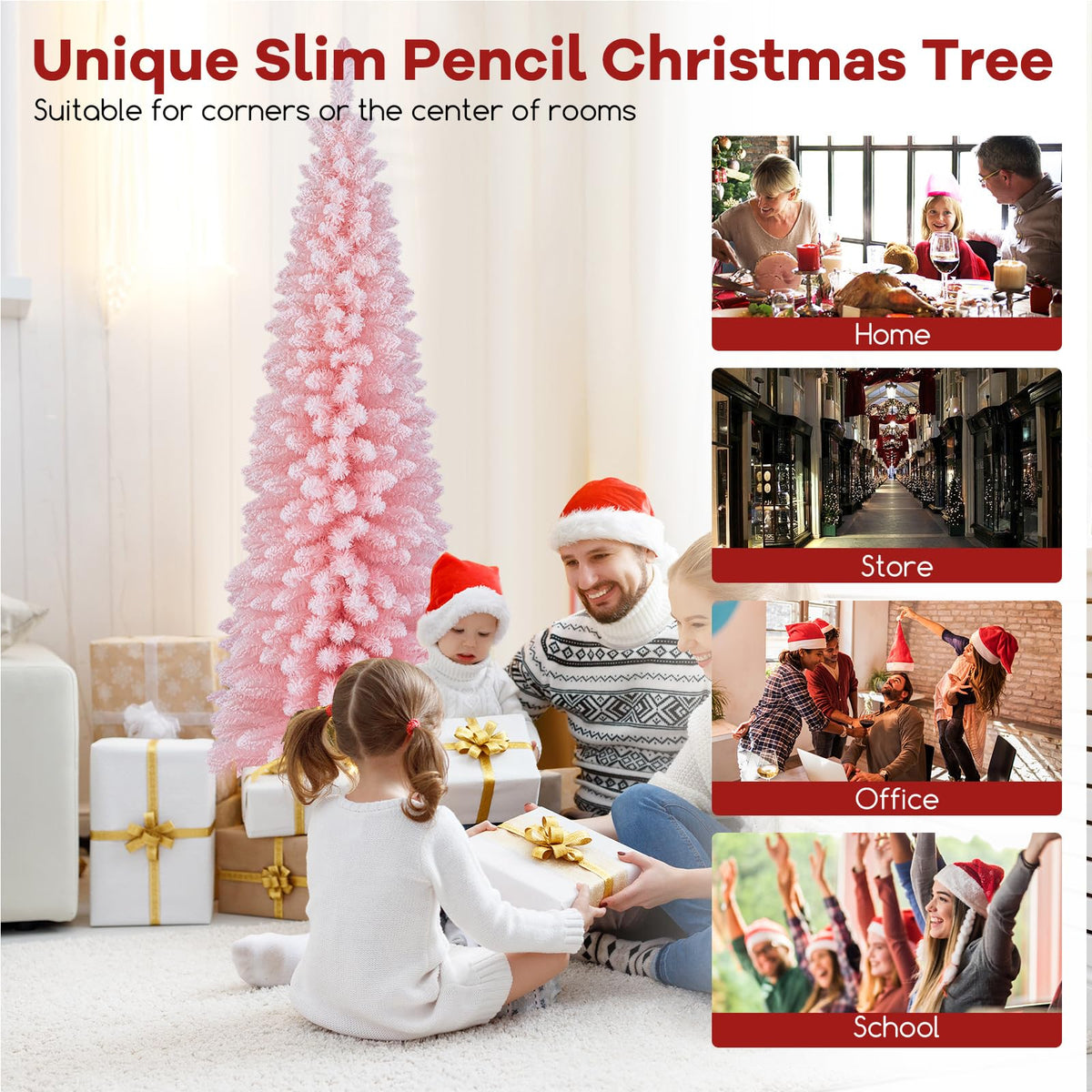 Lucktree 6ft Pink Slim Pencil Christmas Tree, Artificial Unlit Skinny Xmas Full Tree with 460 Branch Tips