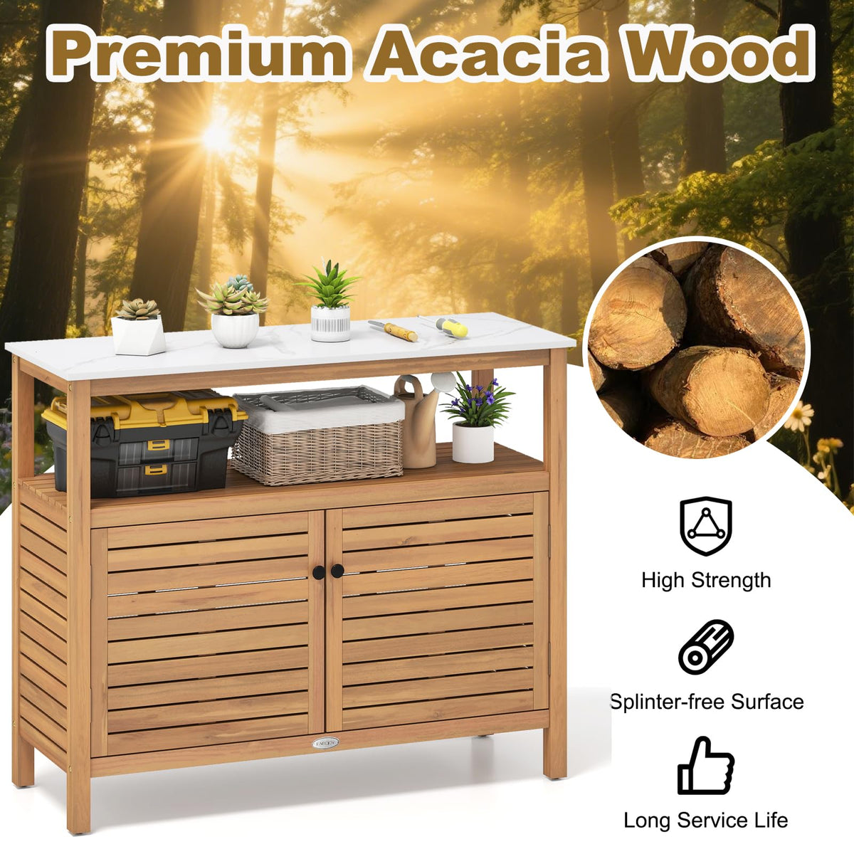 Lucktree Outdoor Potting Bench Acacia Wood Large Planting Workstation with 2-Door Storage Cabinet