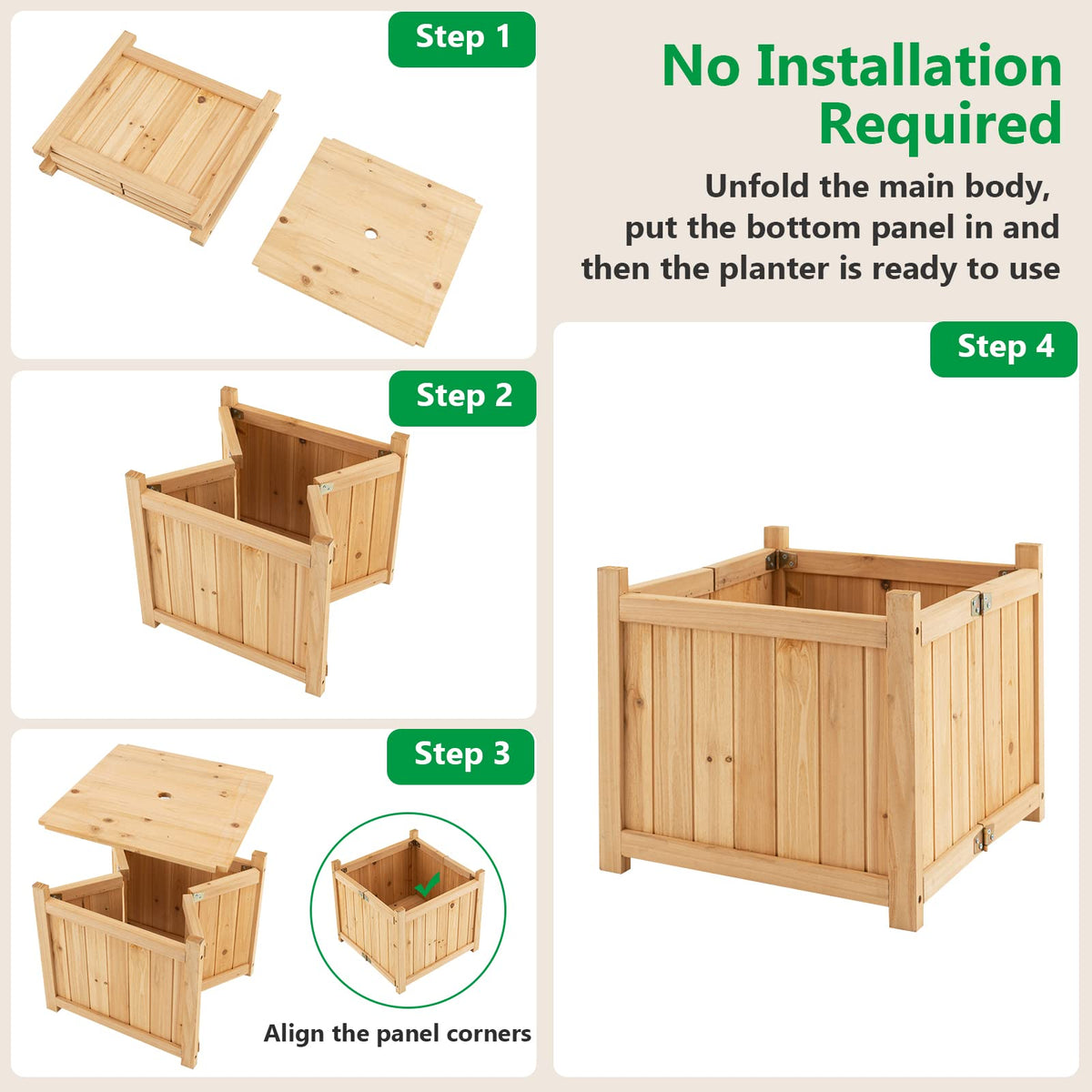 Lucktree 15” Planter Raised Garden Bed - Wooden Planting Box, Outdoor Folding Square Planter