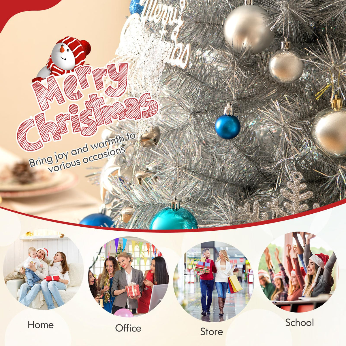 Lucktree 5ft / 6ft / 7 ft Pre-Lit Silver Tinsel Christmas Tree with Warm White LED Lights