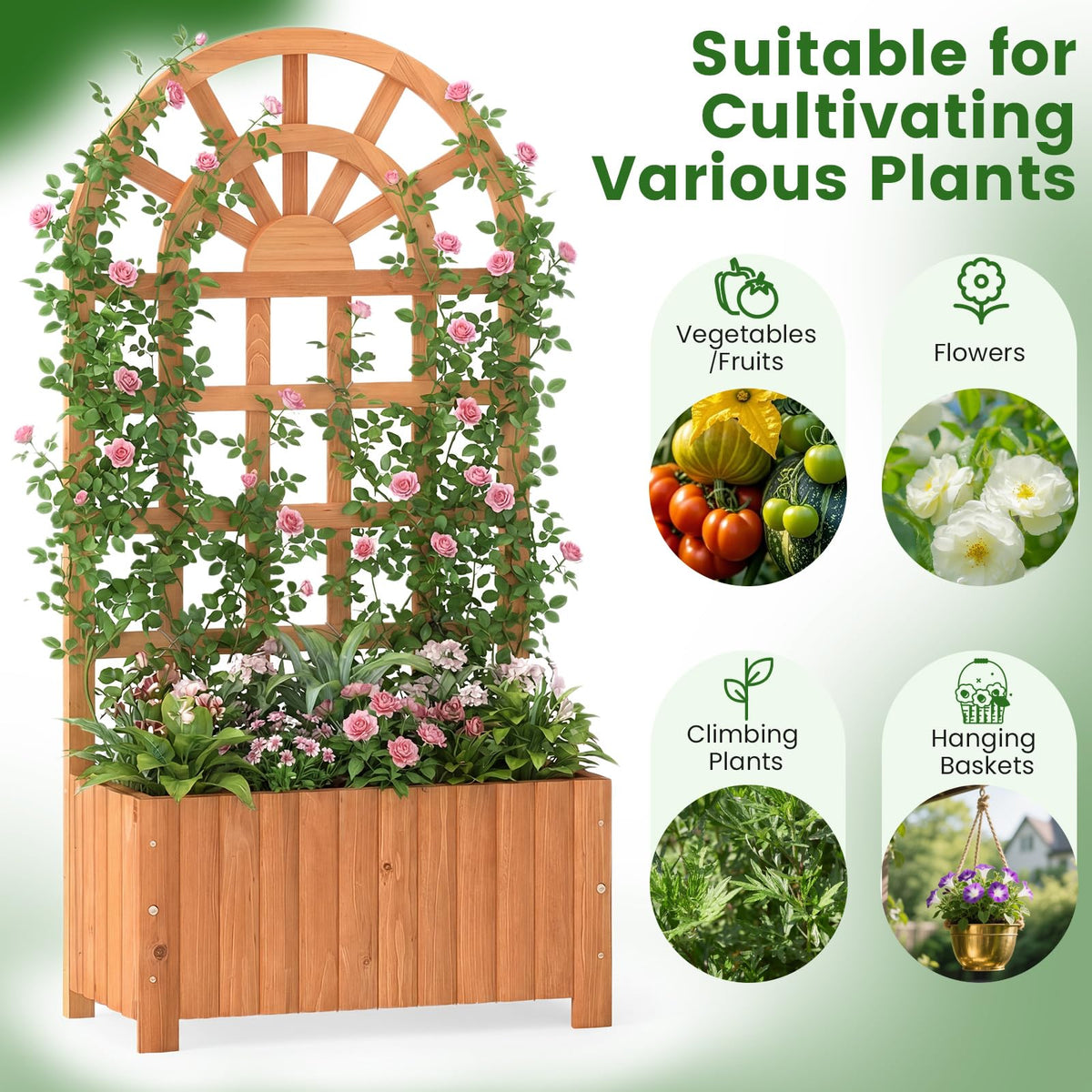 Lucktree Wooden Raised Garden Bed with Trellis 48 Inch Outdoor Screen